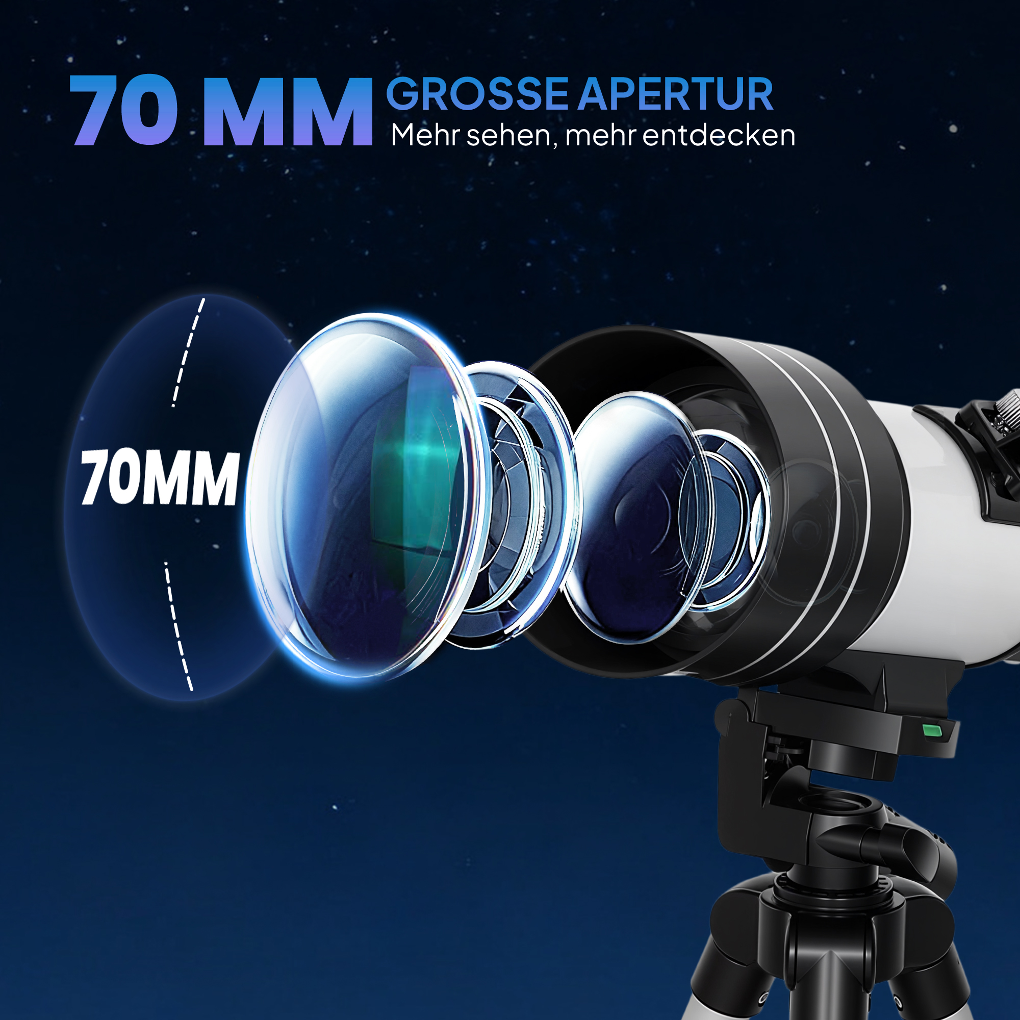 Teleskop, 70 mm Objektiv, 5 x 24 Fernrohr, verstellbares Stativ, Silberfarben