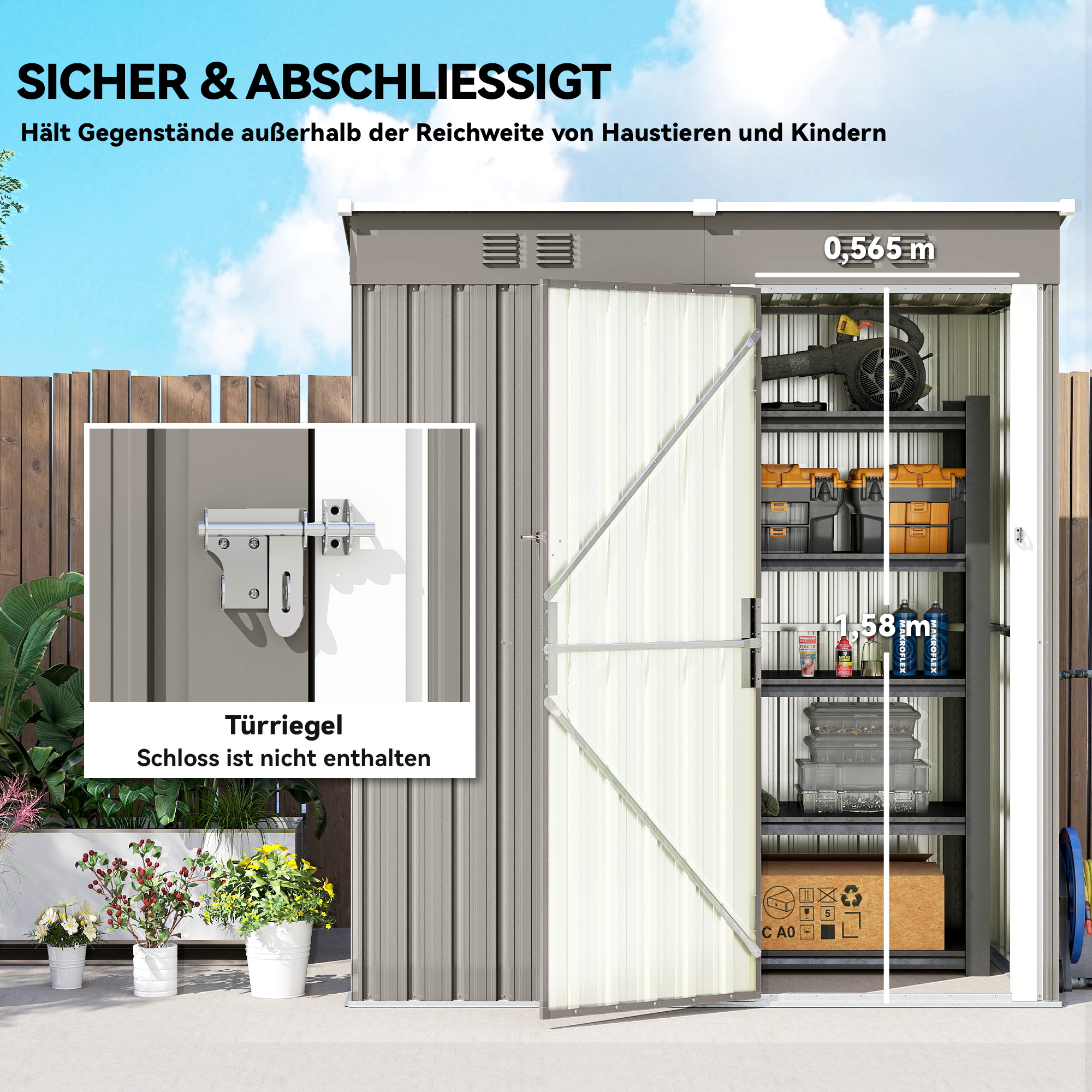 Metall Gerätehaus 1,37 m², abschließbar Geräteschuppen mit Lüftung Pultdach Handschuhen, 163 x 90 x 179 cm