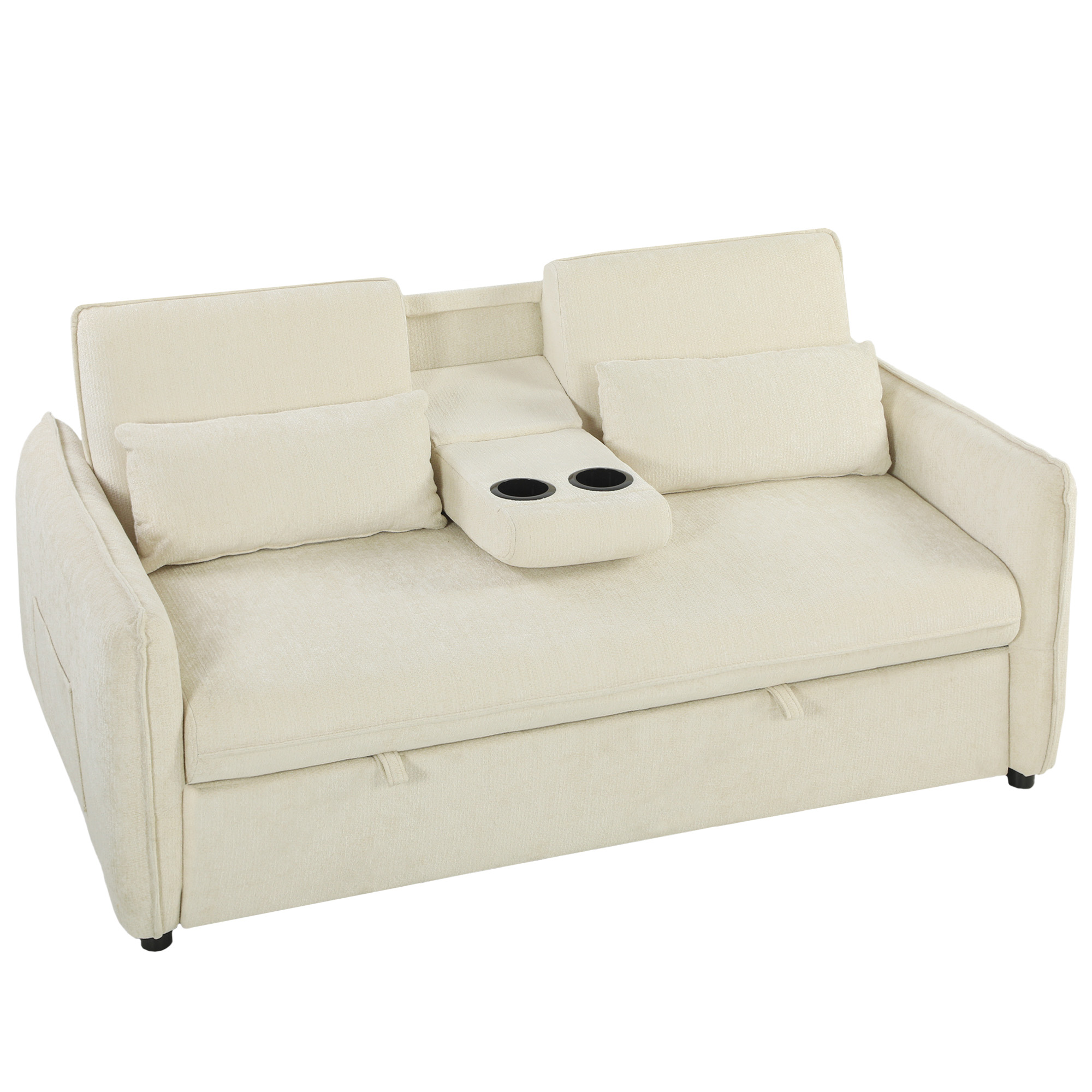 3-in-1 Verstellbares Schlafsofa, Zweisitzer mit Getränkehaltern, verstellbarer Rückenlehne und Seitentaschen, Beige