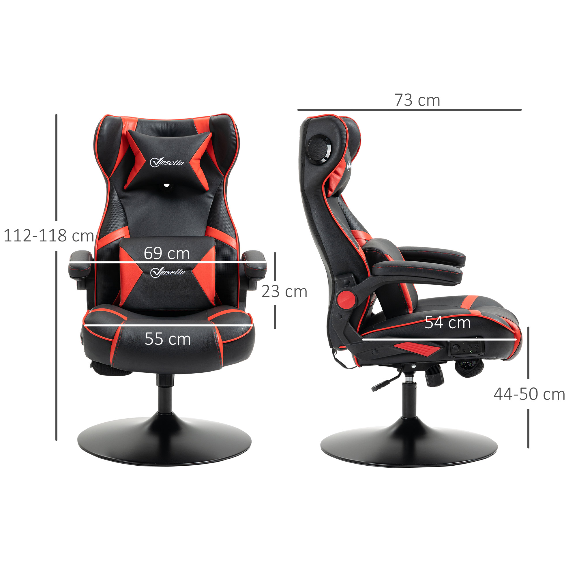 Gamingsessel, Gamingstuhl, integrierte Lautsprecher, neigbare Rücklehne, schwarz+rot, 69 x 73 x 118cm