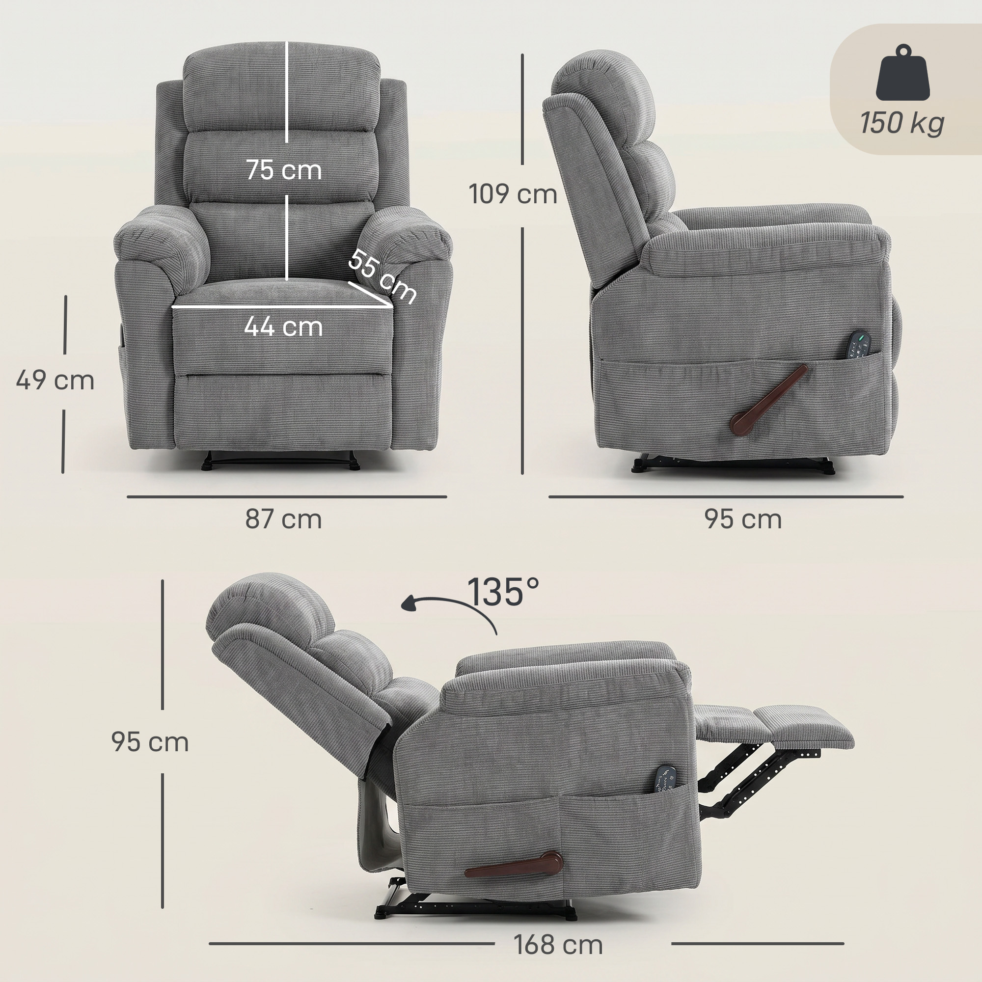 Massage-Relaxsessel mit Wärme, verstellbarer Kopfstütze und Wall-Hugger-Funktion, grau