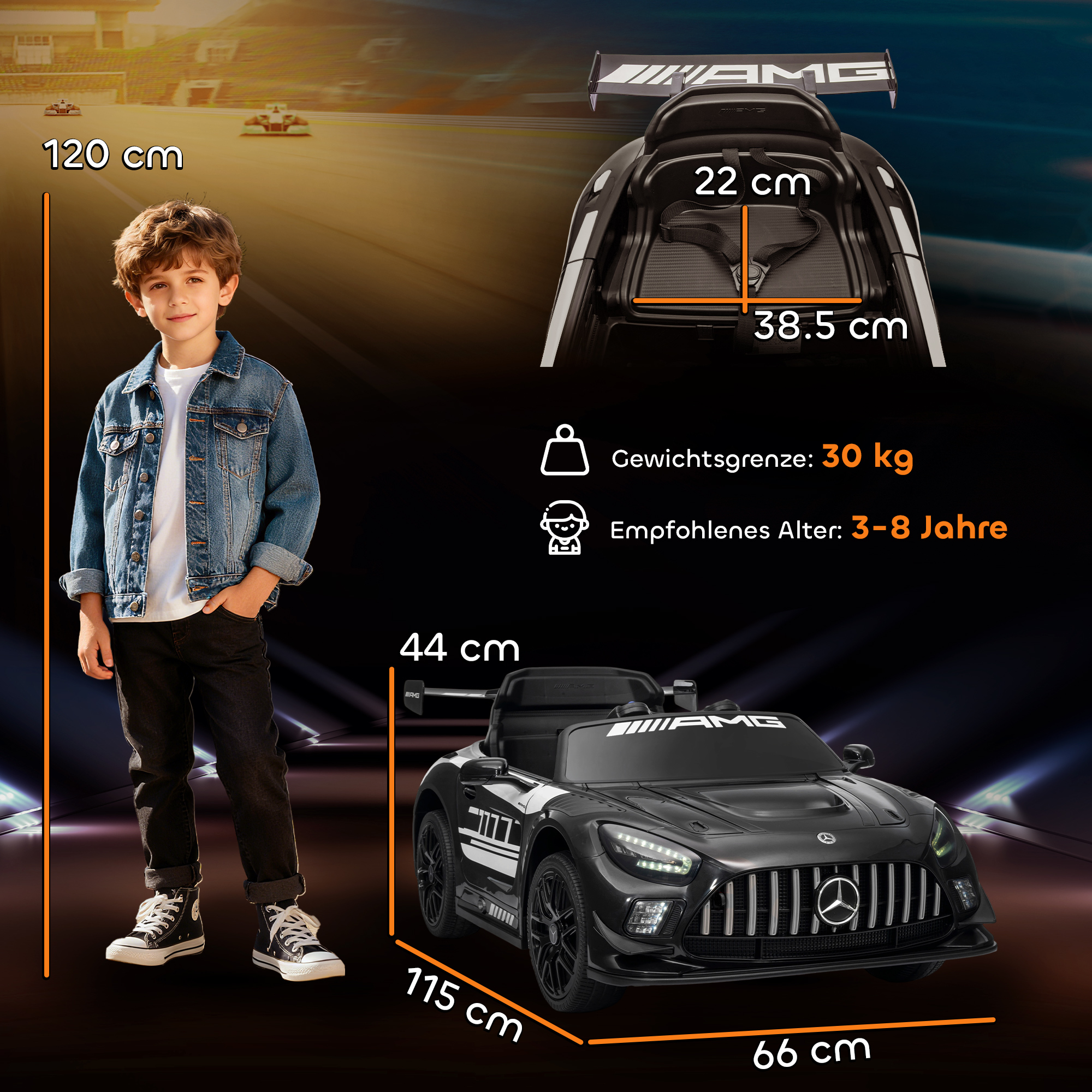 Mercedes-Elektroauto, Aufsitzauto für Kinder, 12V Batterie, LED-Lichter, Musikfunktion, Hupe, 3-8 Jahre, Schwarz
