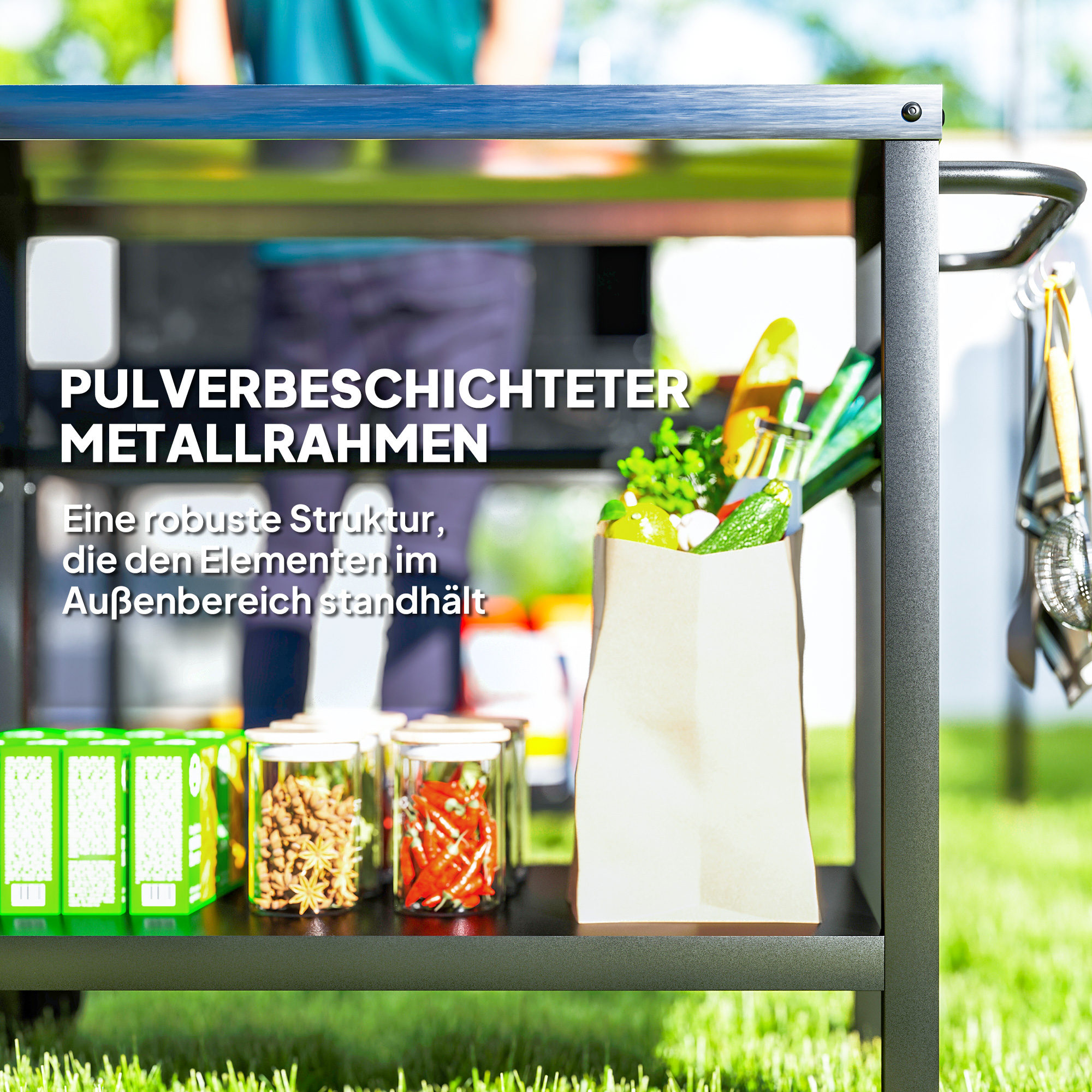 Grillwagen 2-Etagen Servierwagen mit Arbeitsfläche Ablagen Haken Räder Edelstahl 102 x 56 x 81cm