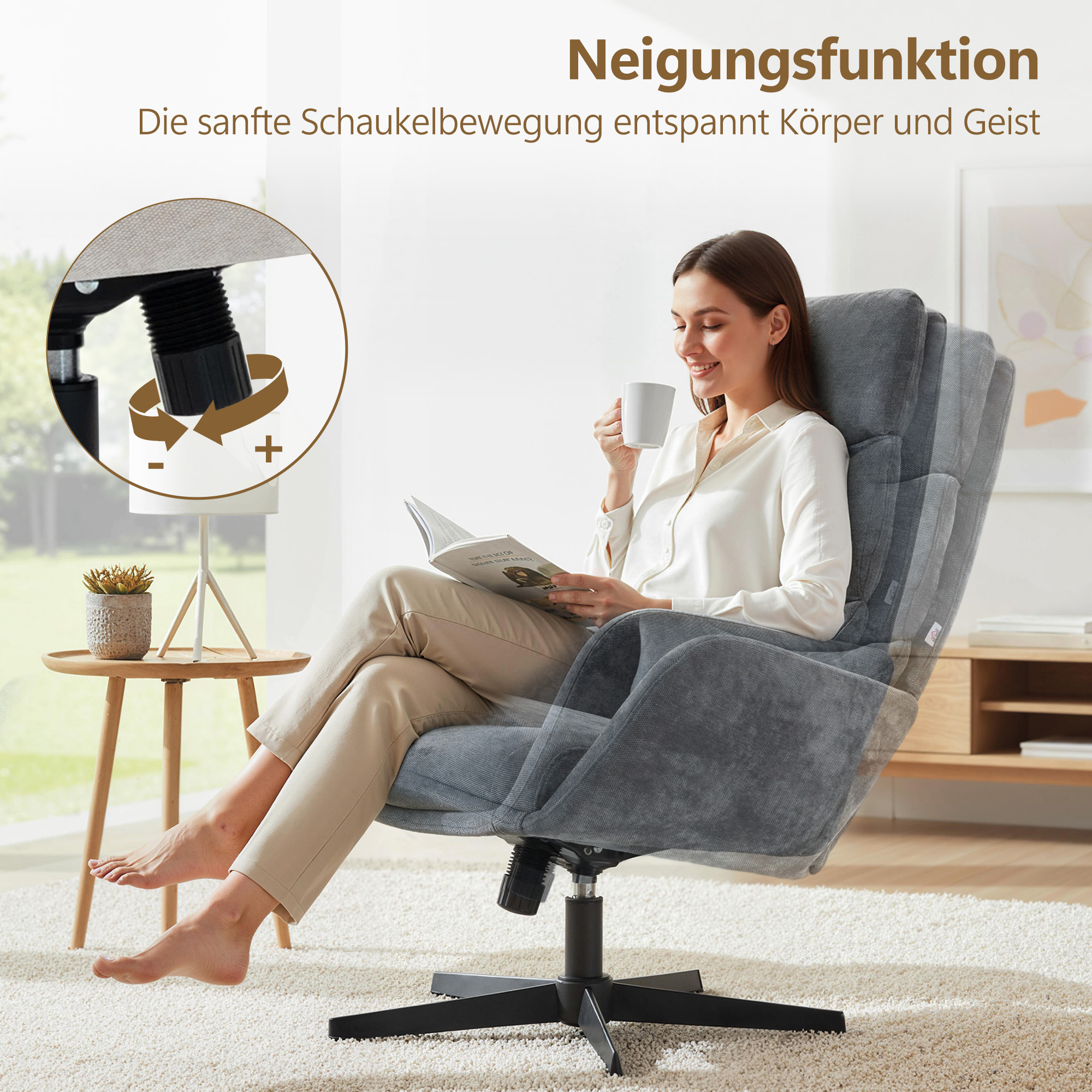 Polstersessel mit Fußhocker, Lounge-Sessel mit hoher Rückenlehne, Metallbasis, für Wohnzimmer, Schlafzimmer, Grau
