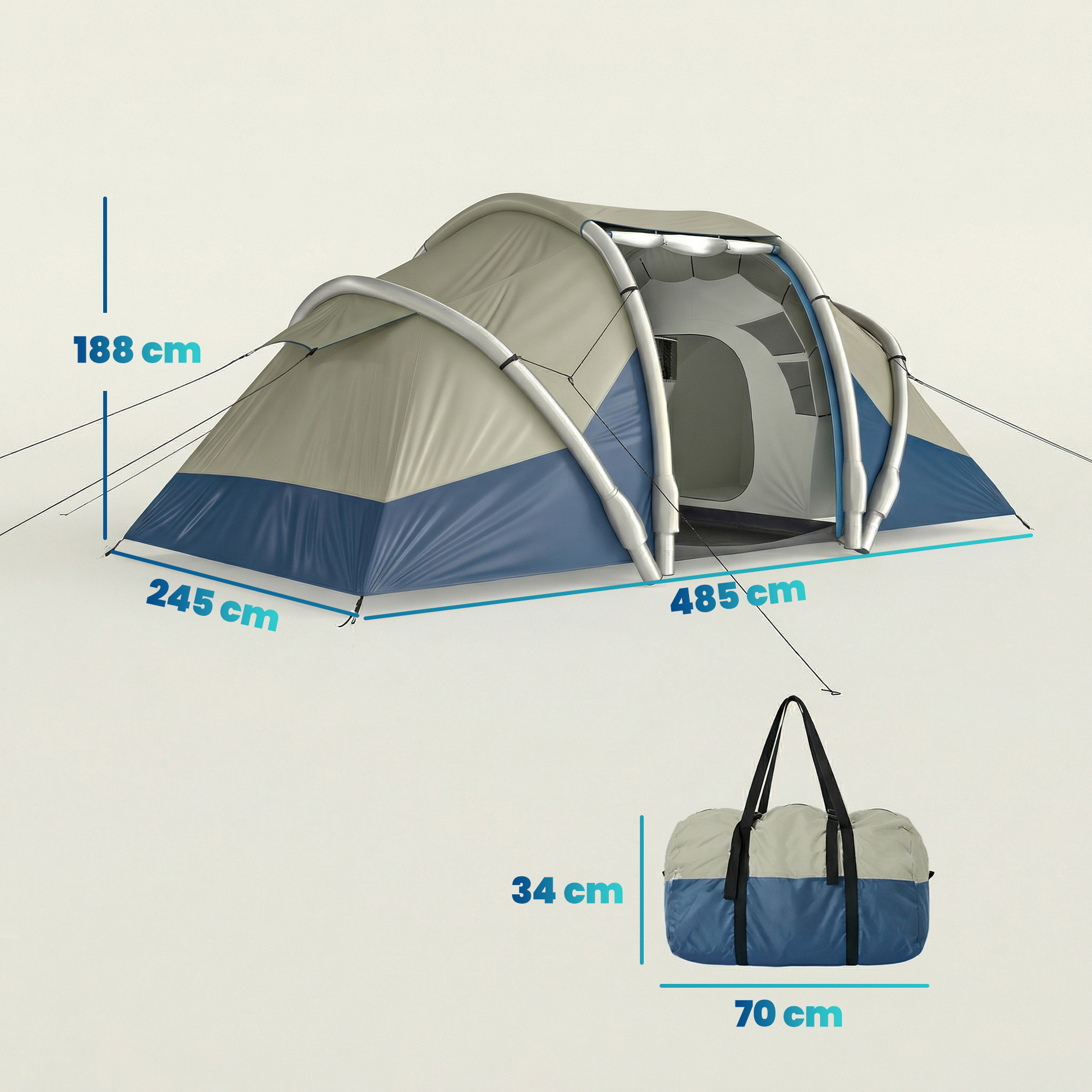 aufblasbares Zelt 4 Personen Schneller Aufbau Outdoor Camping Zelt mit 2 Schlafzimmer Mesh Fenster Vordach