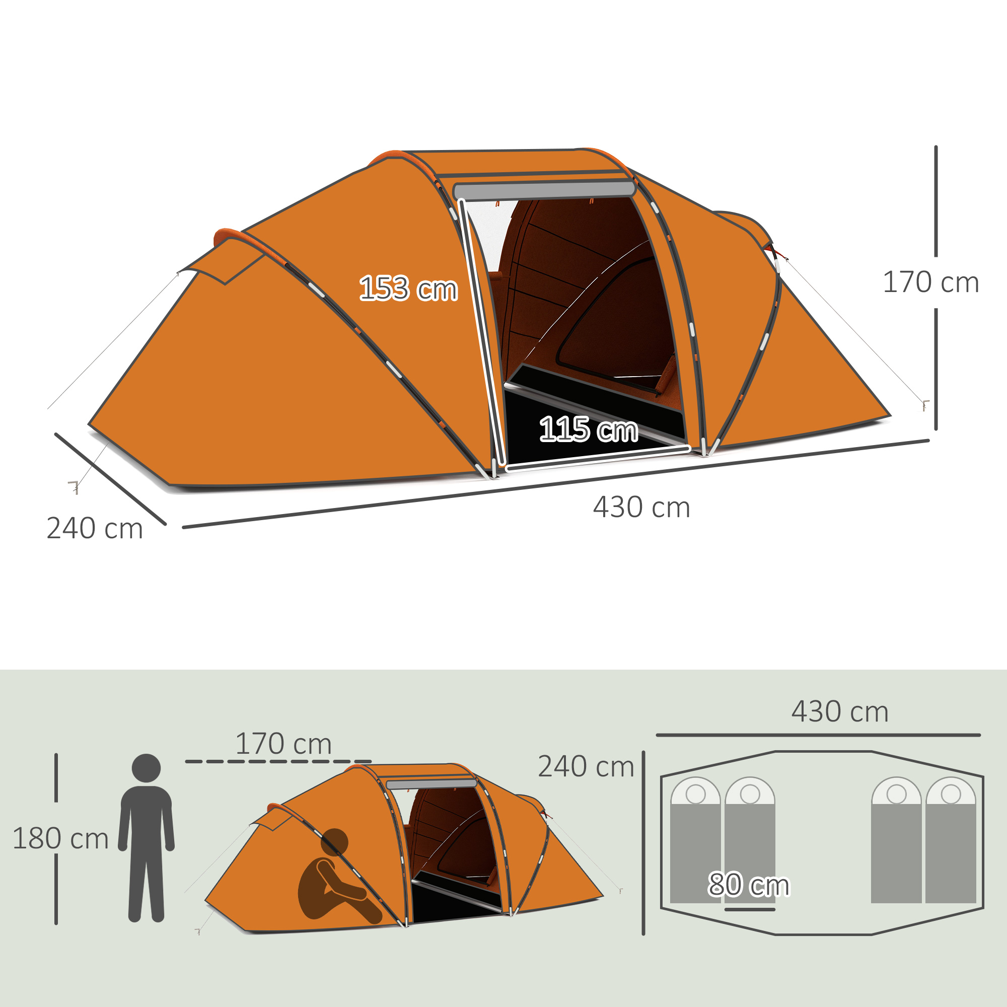 Tunnelzelt für 4-6 Personen, Campingzelt mit Tür, Bodenplane, 2000mm wasserdicht Orange