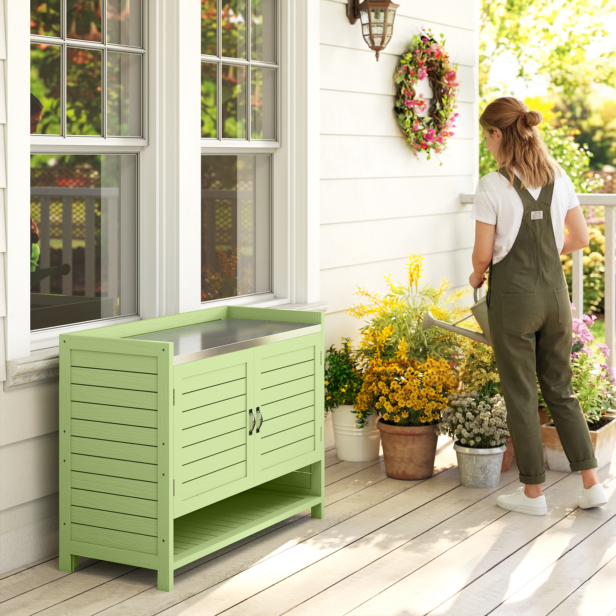 Pflanztisch mit Unterschrank aus Holz Outdoor Gartenschrank mit verzinkter Arbeitsplatte 3 Regalböden 88x40x70,5cm Grün