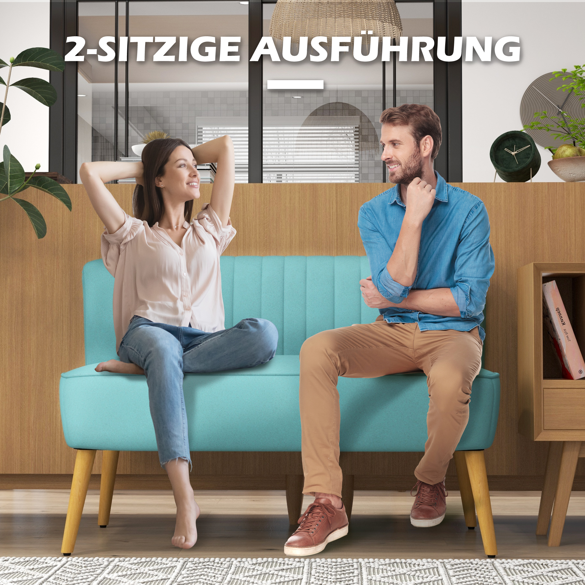 Sofa Retrodesign 2-Sitzer-Sofa, Holzbeine, 117 cm x 56,5 cm x 77 cm, Grün