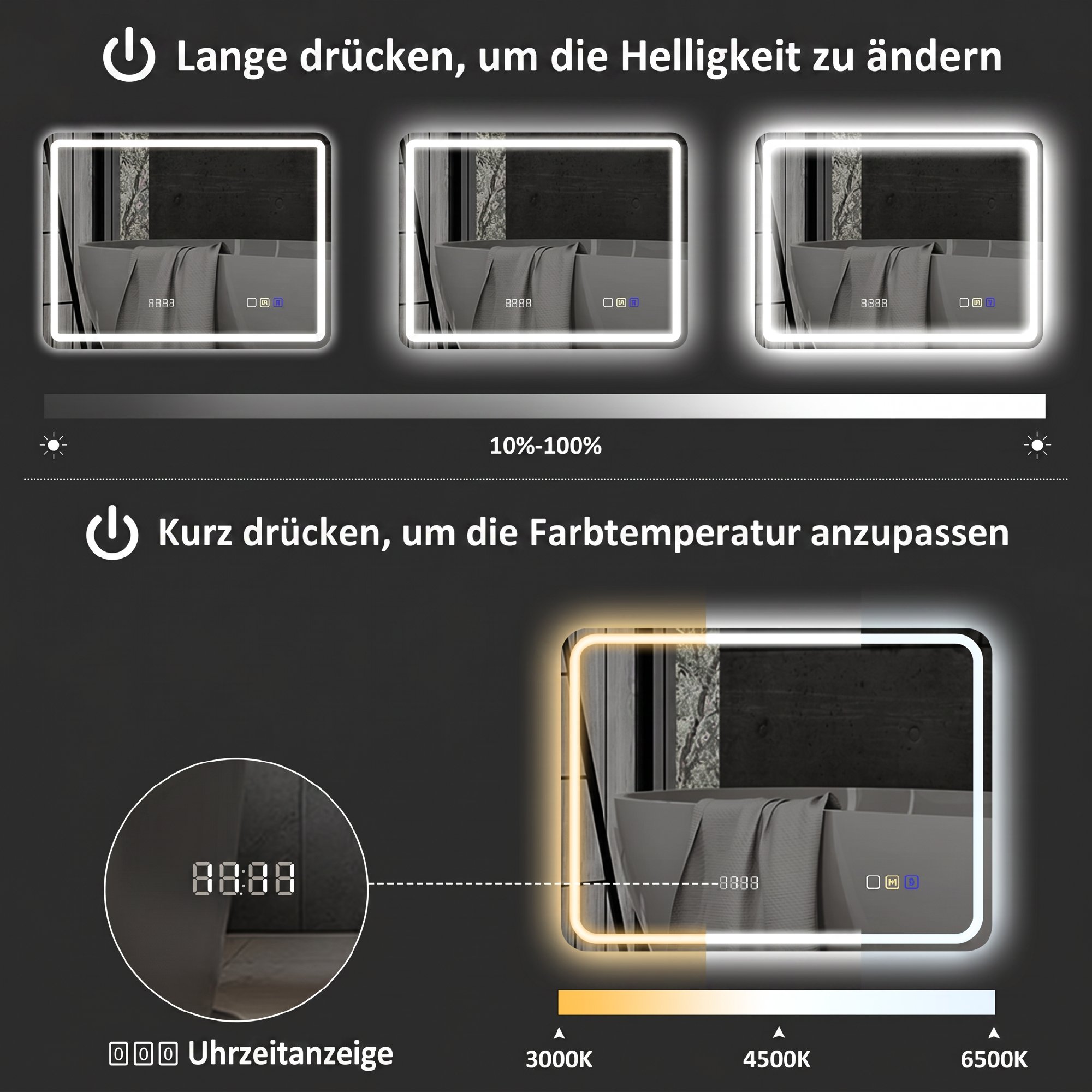 Badezimmerspiegel mit LED-Beleuchtung, Anti-Beschlags-Pad, 3 verstellbare Farben, Uhr, 600 x 800 mm, Silberfarben