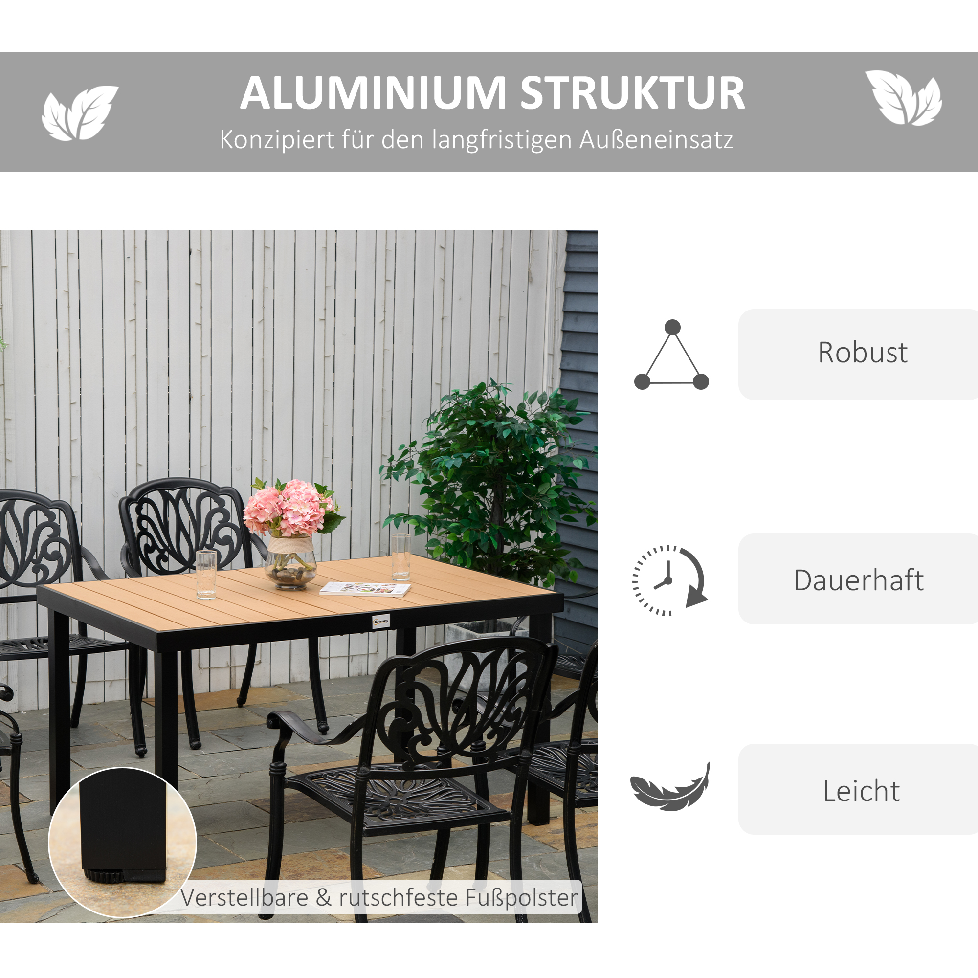 Gartentisch für 6 Personen Esstisch Aluminiumtisch Gartenmöbel Loungemöbel pflegeleicht Kunststoff Natur+Schwarz 140 x 90 x 74 cm