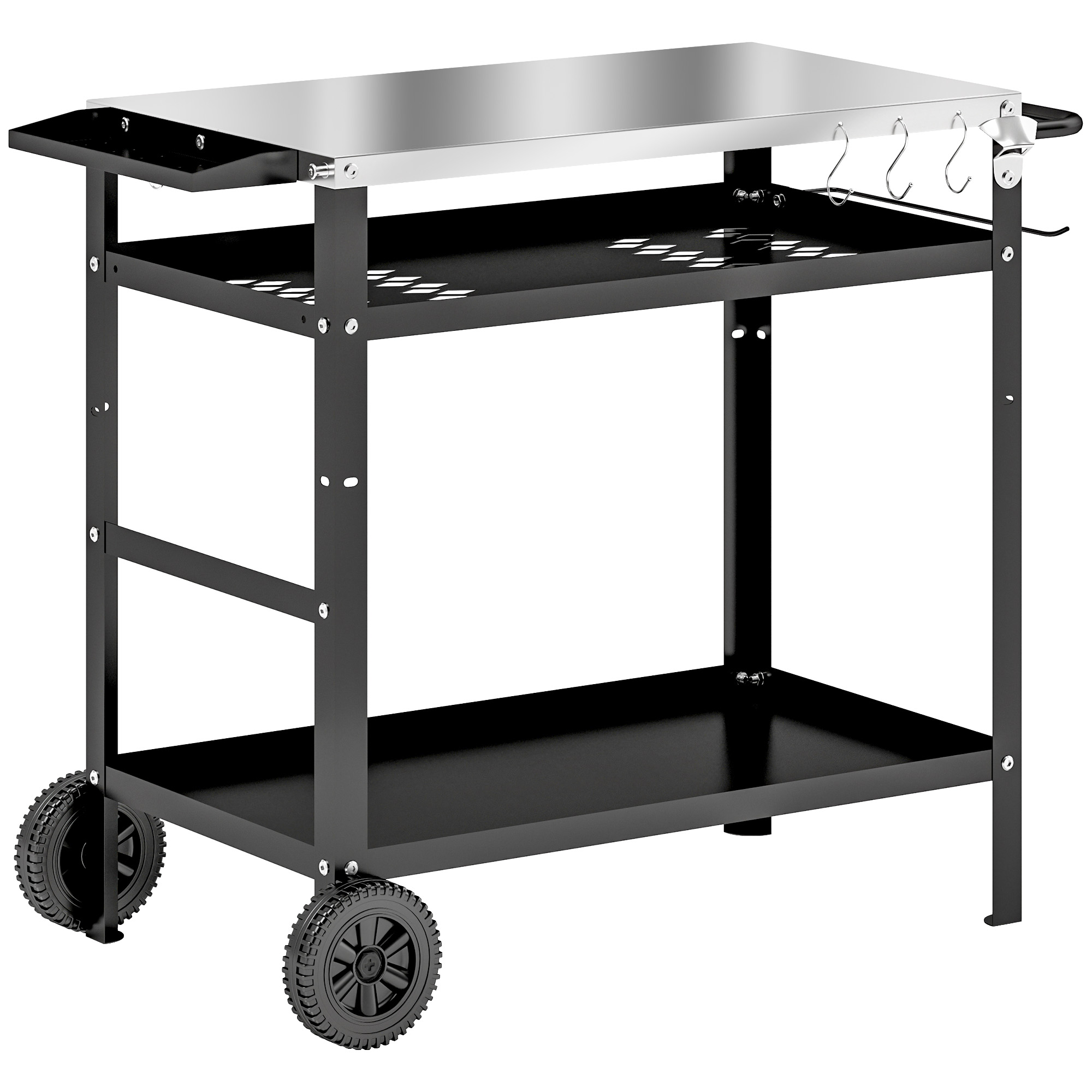 Grillwagen 3-Etagen Servierwagen mit Arbeitsfläche Griffe Hülle Räder, BBQ Grilltisch Edelstahl 100x52x80cm Schwarz