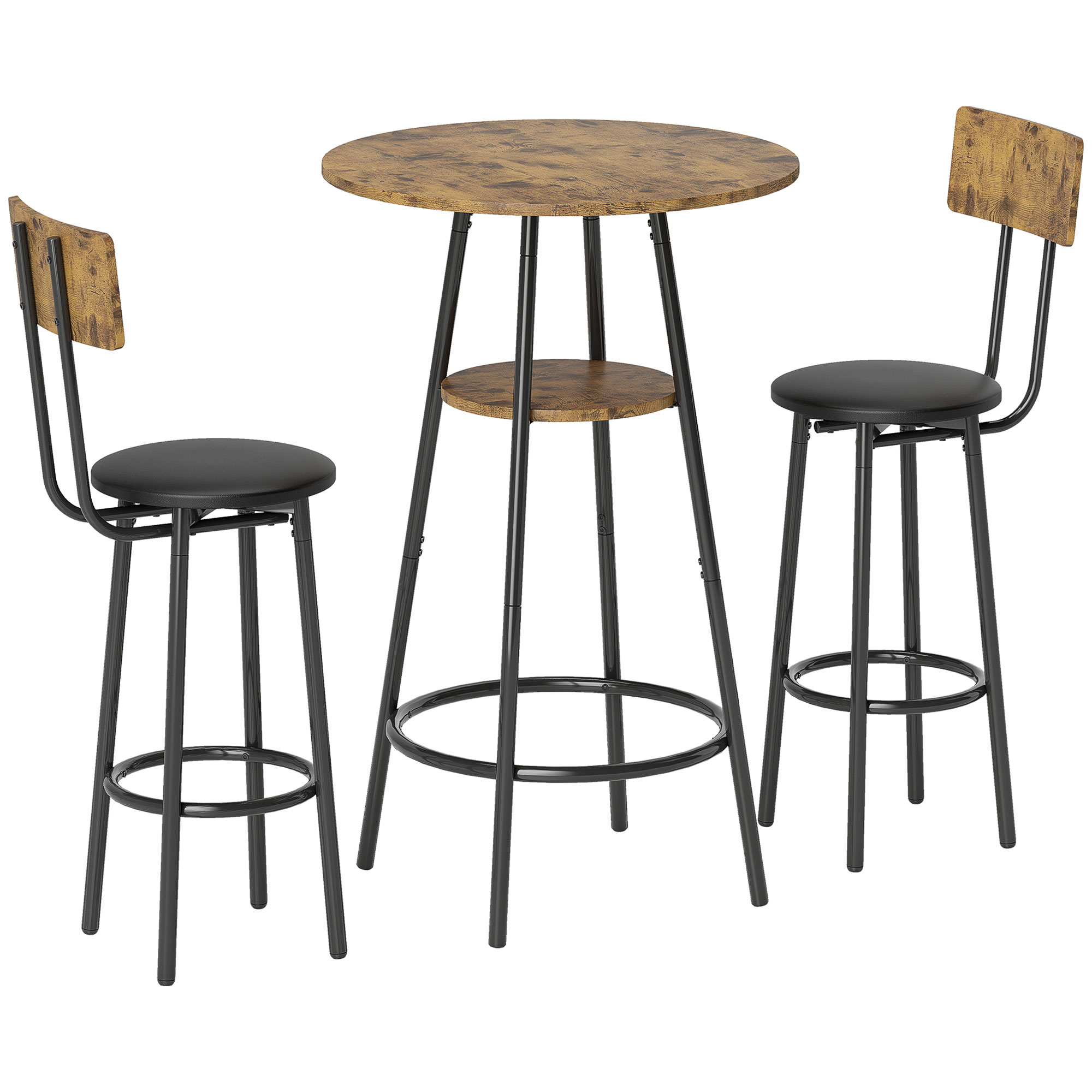3-teiliges Bartisch-Set mit 2 gepolsterten Hockern, Kunstleder-Bezug, Rückenlehne, Metallgestell, Braun 3-teiliges Bartisch-Set mit 2 gepolsterten Hockern, Kunstleder-Bezug, Rückenlehne, Metallgestell, Braun