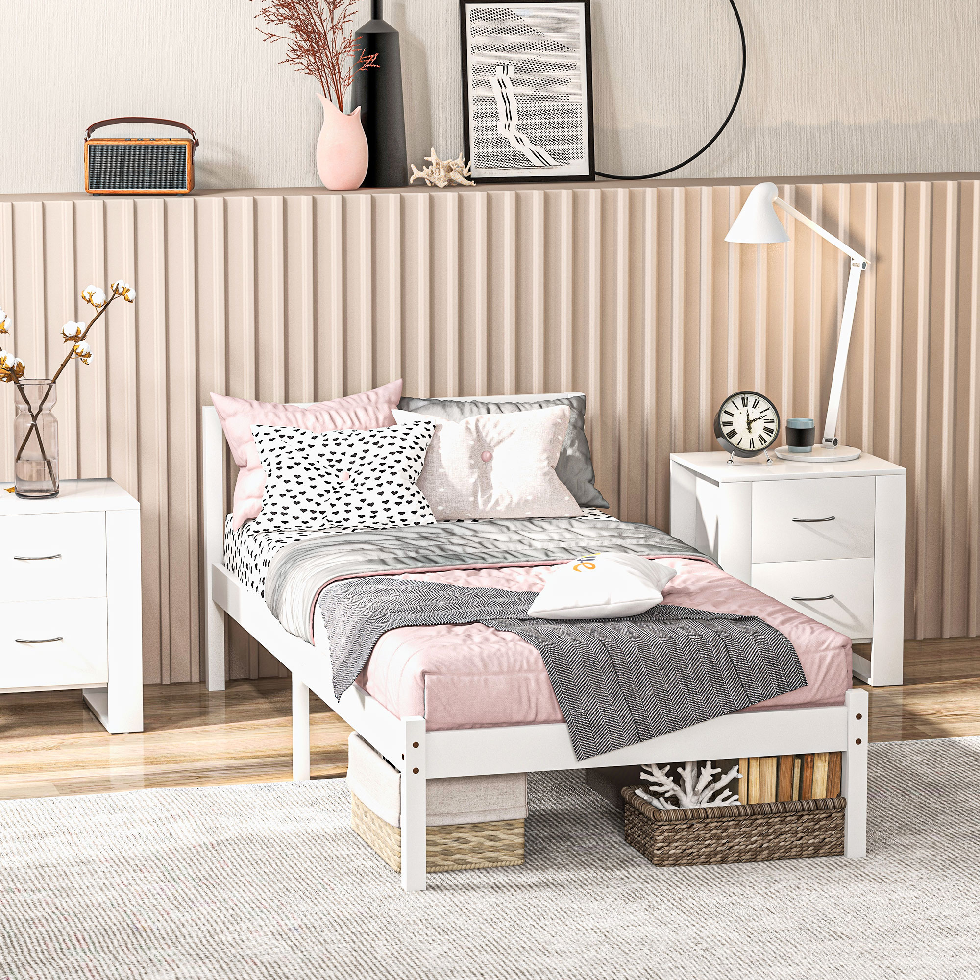 Einzelbettgestell, Kopfteil & Lattenrost, 26cm Freiraum unter Bett, Kiefernholz, 208x96x70 cm, Weiß