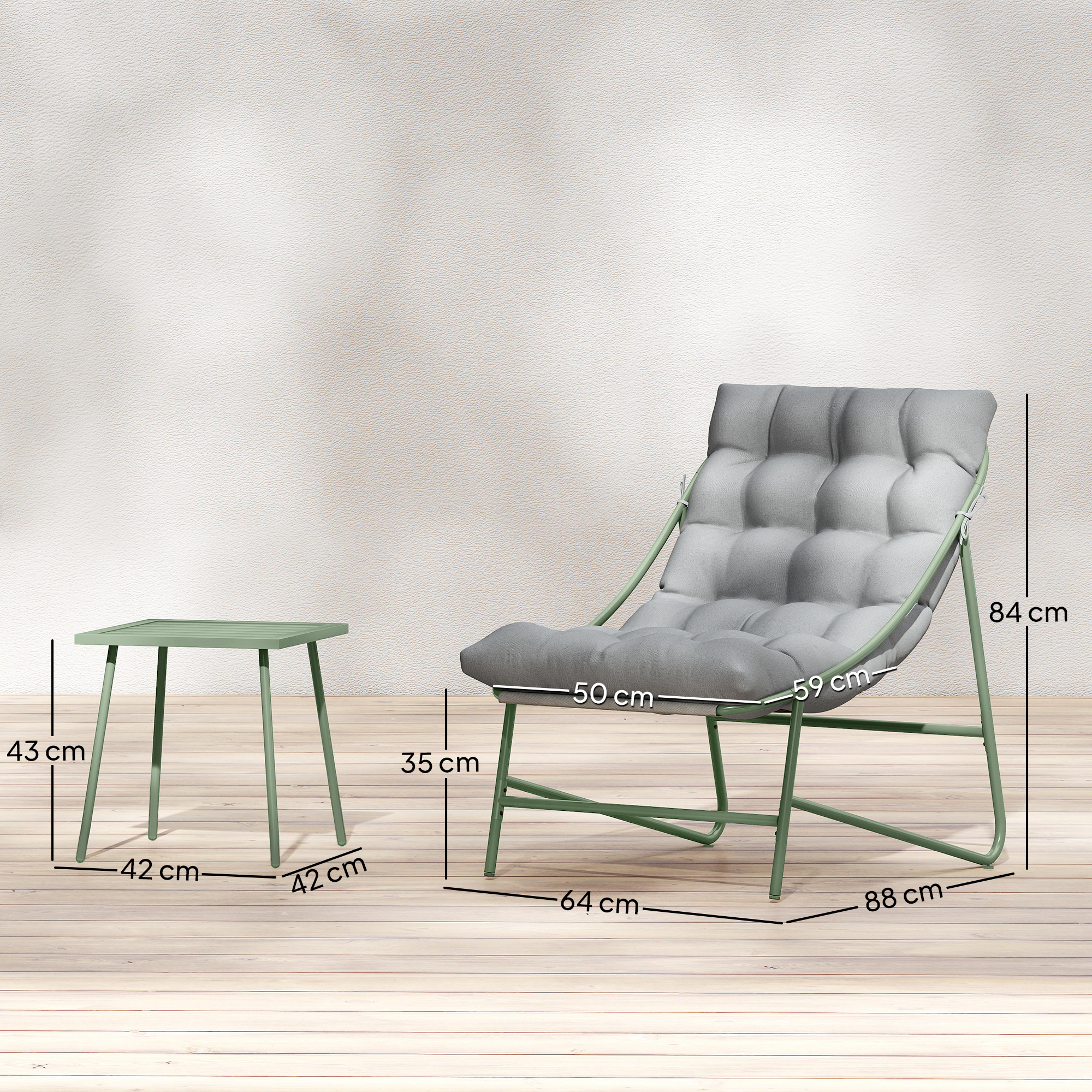 Balkonmöbel Set 3 teilig Gartenmöbel Set mit Tisch Kissen Stahlgestell verstellbar Fußpads Hellgrau