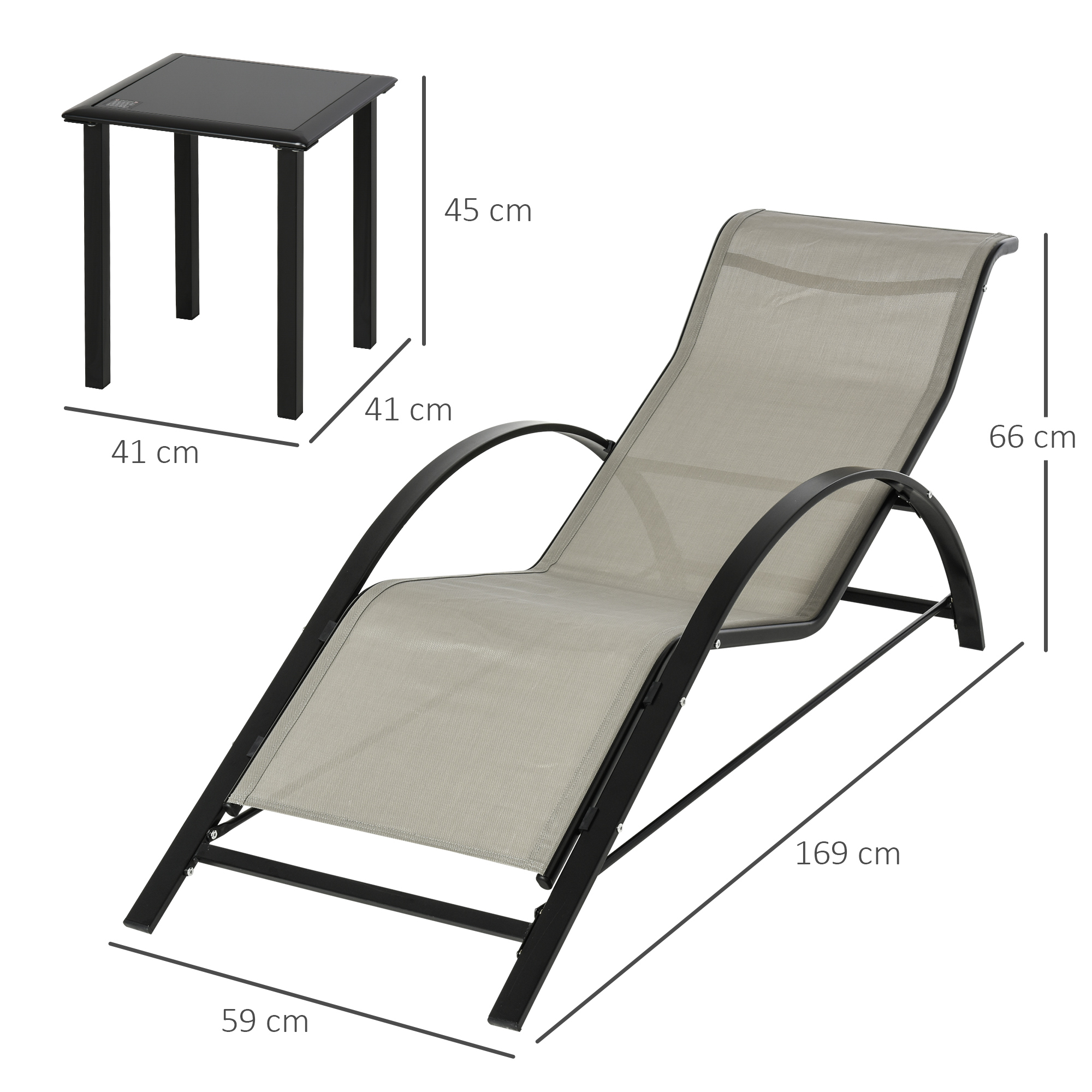 3-tlg. Gartenliegen-Set, 2 Sonnenliegen & 1 Beistelltisch, Metallrahmen, Grau+Schwarz