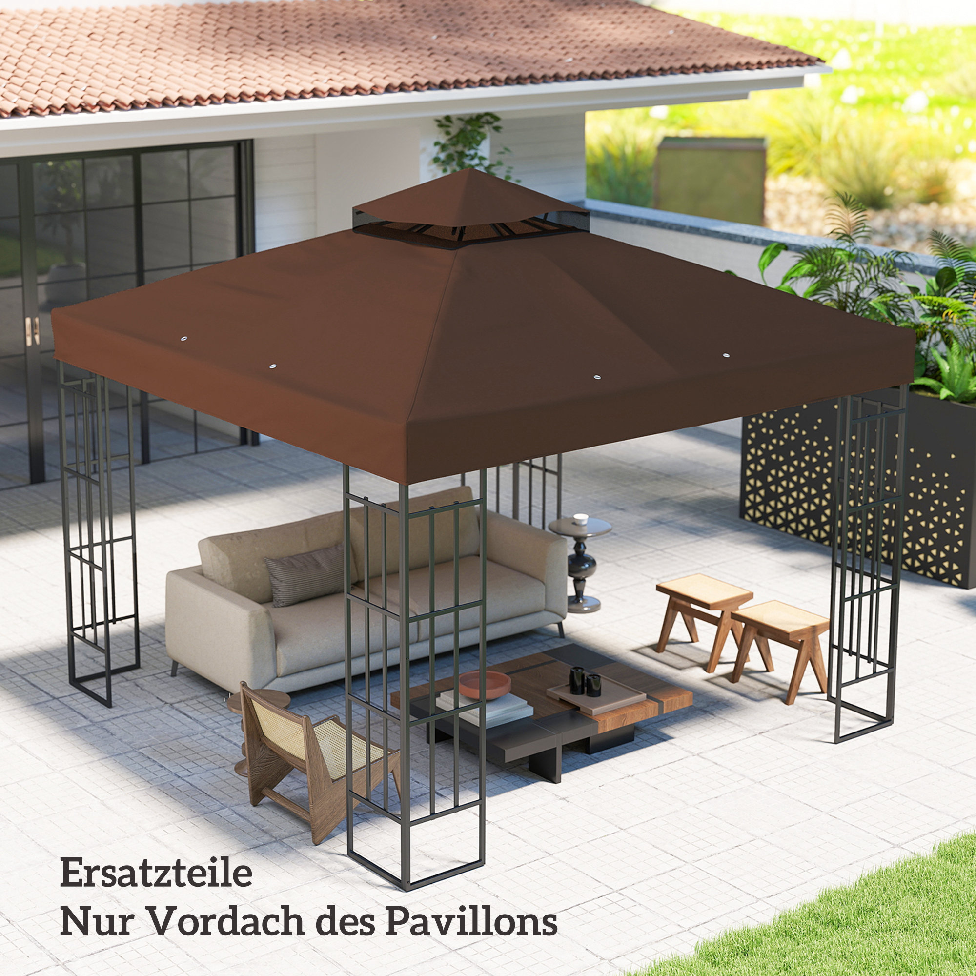 3 x 3 m Ersatzdach für Pavillon, Pavillon-Ersatzplane mit Wasserablauf-Löchern, UPF30+, Sonnenschutz, Kaffee