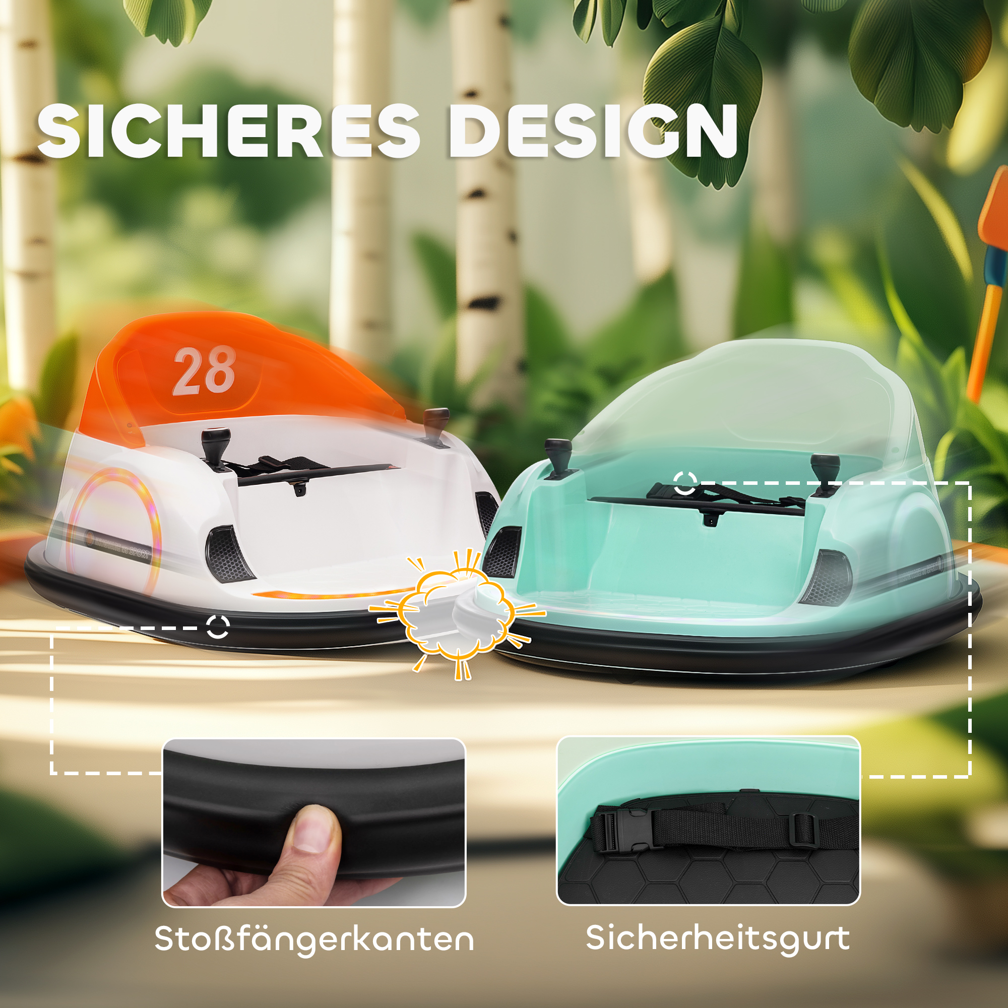 Autoscooter, 360° Rotation, 2 km/h Geschwindigkeit, Sicherheitsgurt, LED-Lichter, Musik und Hupe, Grün