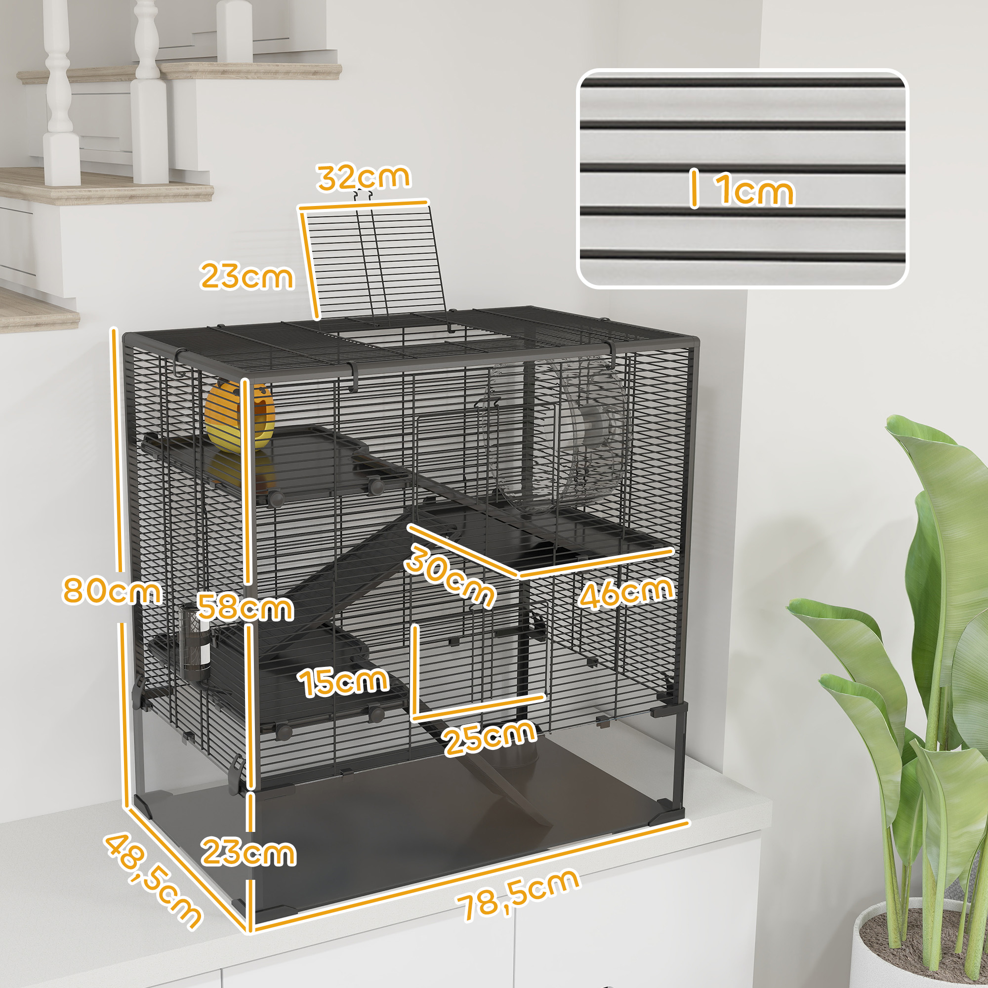 Hamsterkäfig mit Glasboden, 4-stufiges Hamstergehege mit Hütte und Zubehör, 78,5L x 48,5B x 80H cm, Schwarz