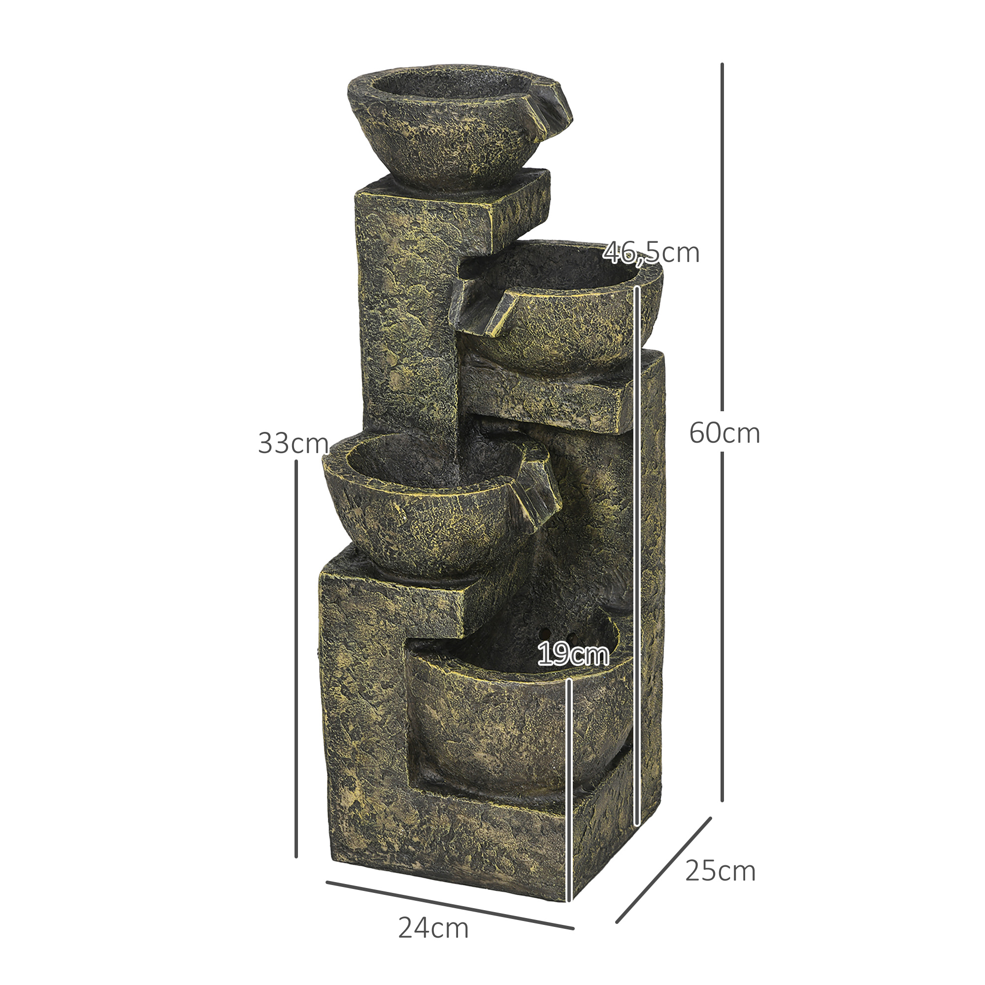 Gartenbrunnen Wasserbrunnen Brunnen, verstellbare Geschwindigkeit, 25 x 24 x 60 cm, Schwarz