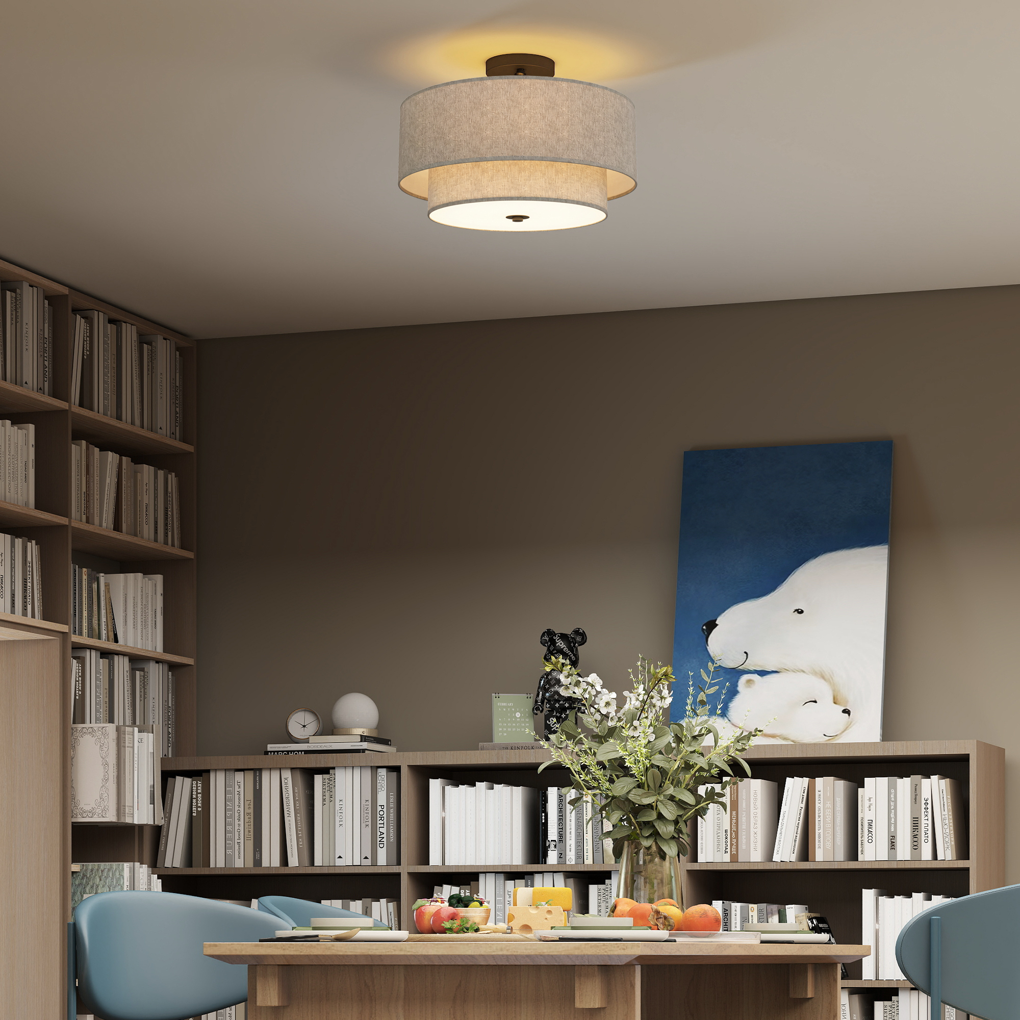 Deckenlampe, Hängeleuchte mit doppelten Schirmen in Leinenoptik, Taupe