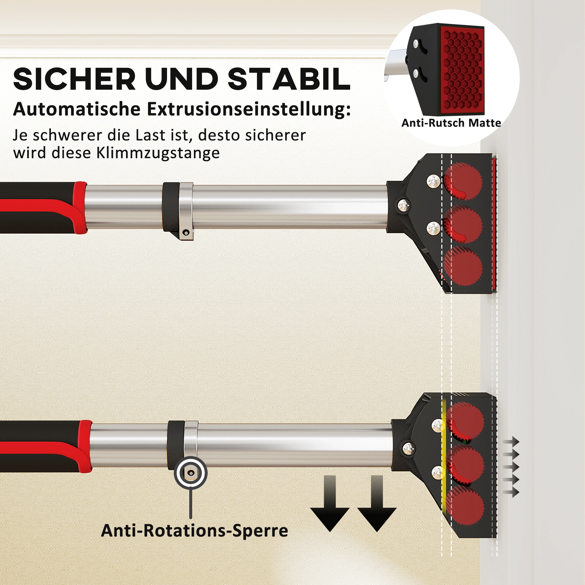 Klimmzugstange für Türrahmen, verstellbar, ohne Bohren, Stahl, bis 200 kg, 75-92 x 10 x 7 cm, Schwarz/Rot