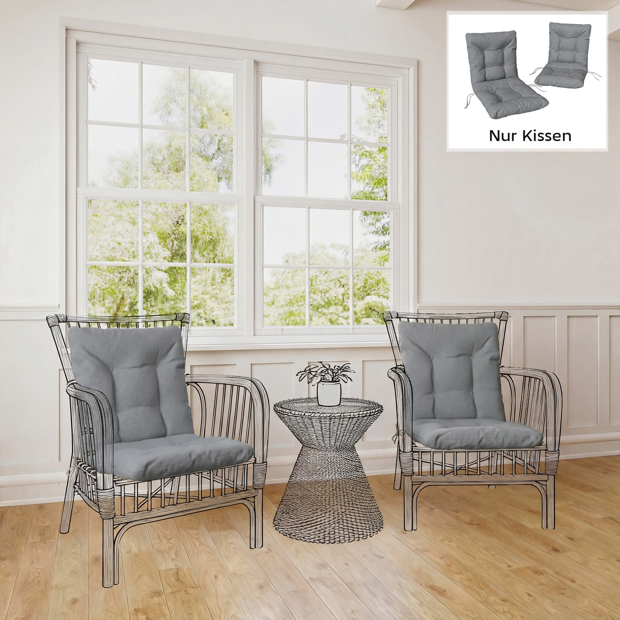 Outdoor-Sitzkissen mit Rückenlehne und Bändern, wasserabweisende Polster für drinnen und draußen, Hellgrau