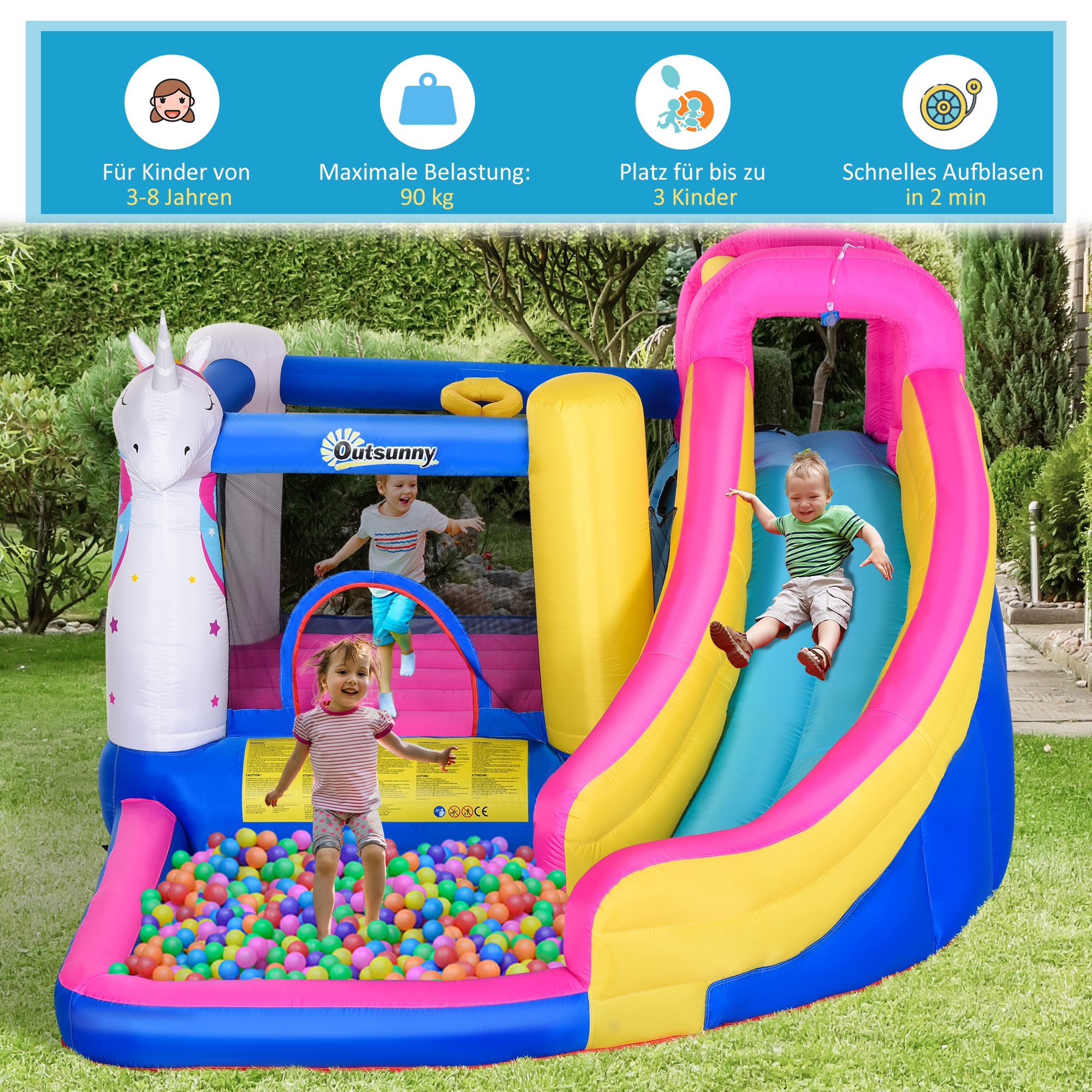 Hüpfburg im Märchendesign inkl. Gebläse, Rutsche, Wasserbecken u. Basketballkorb 360 x 305 x 210 cm