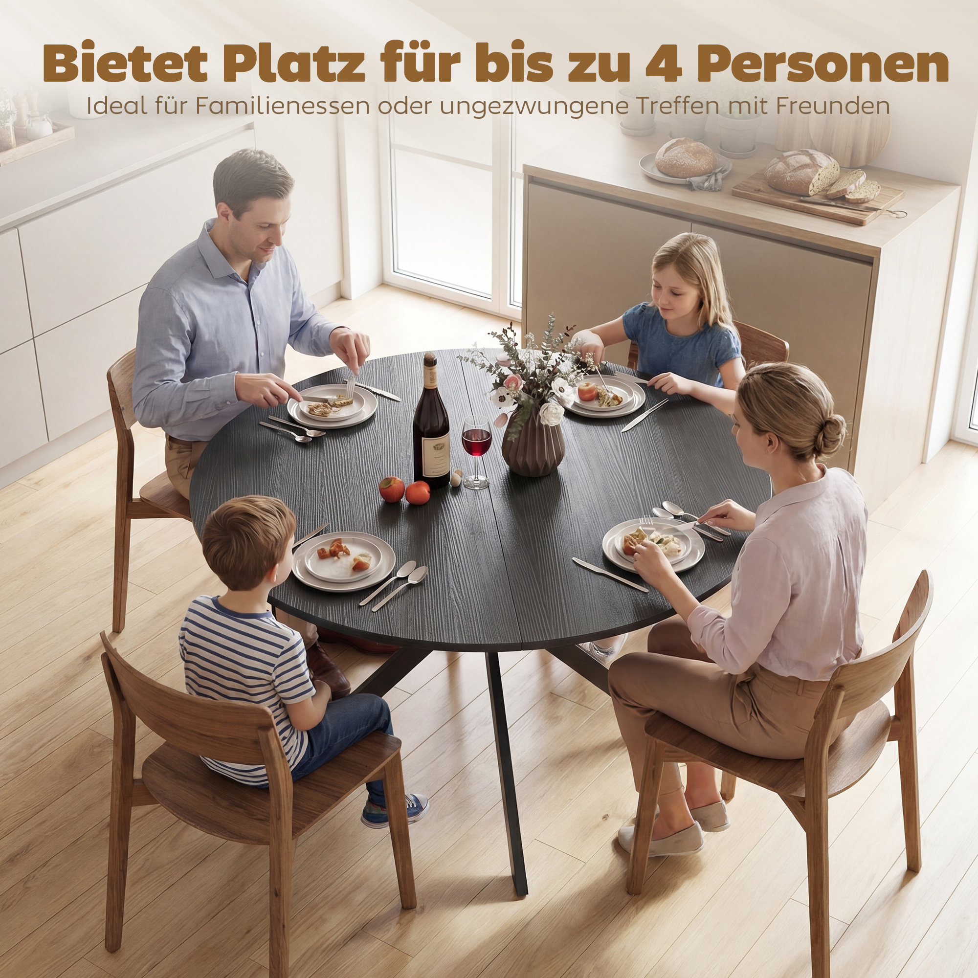 Runder Esstisch für 4 Personen, Küchentisch im Industriestil mit Stahlbeinen, für Esszimmer, Küche, Schwarz