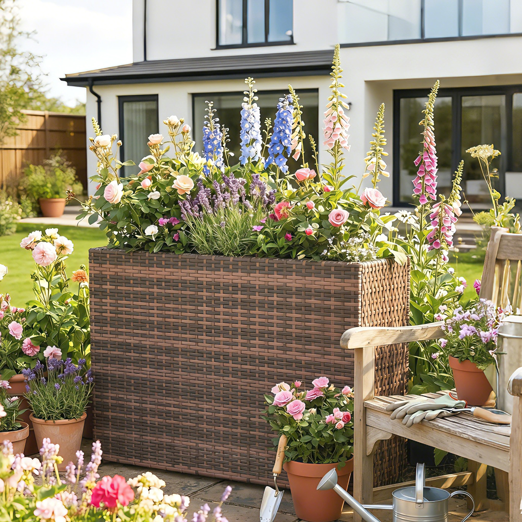Hochbeet mit verstellbaren Füßen, Rattan Pflanzgefäß mit herausnehmbarem Einsatz für Terrasse und Balkon, Braun