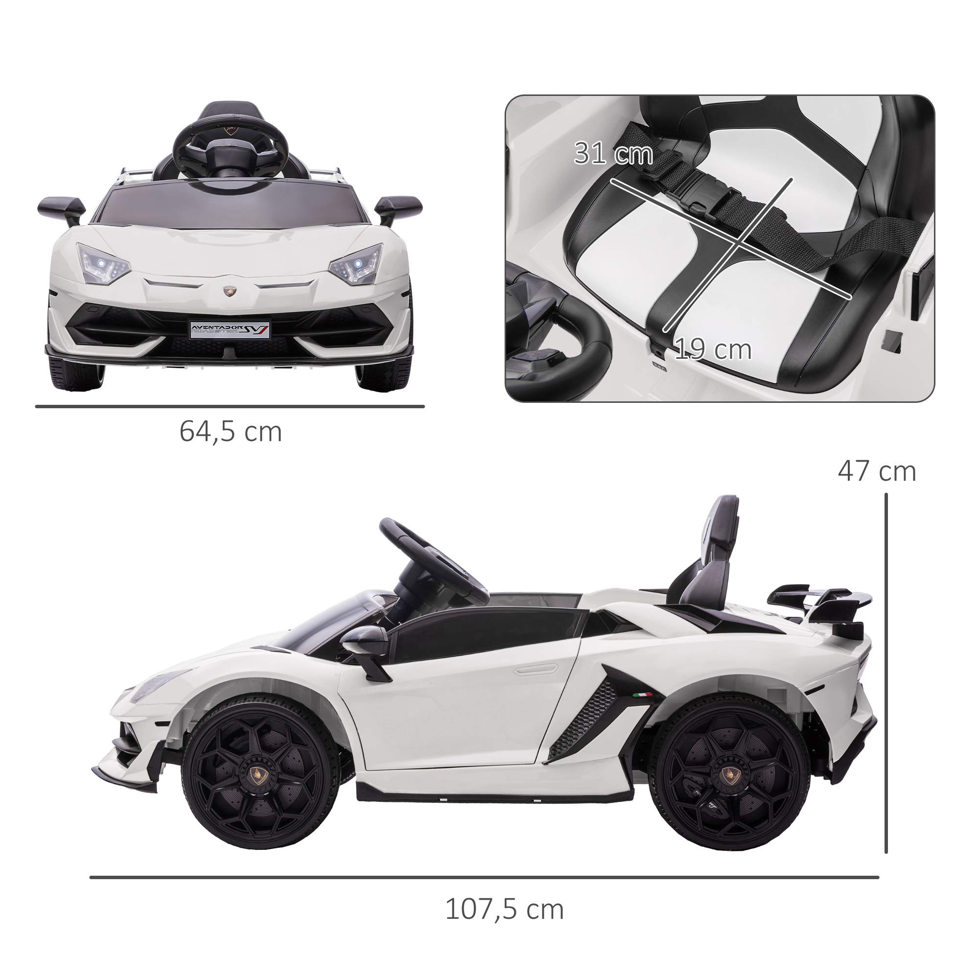 Elektro-Kinderauto, lizenzierter Lamborghini Aventador, Flügeltüren, Musik, Hupe, für 3-5 Jahre, Weiß