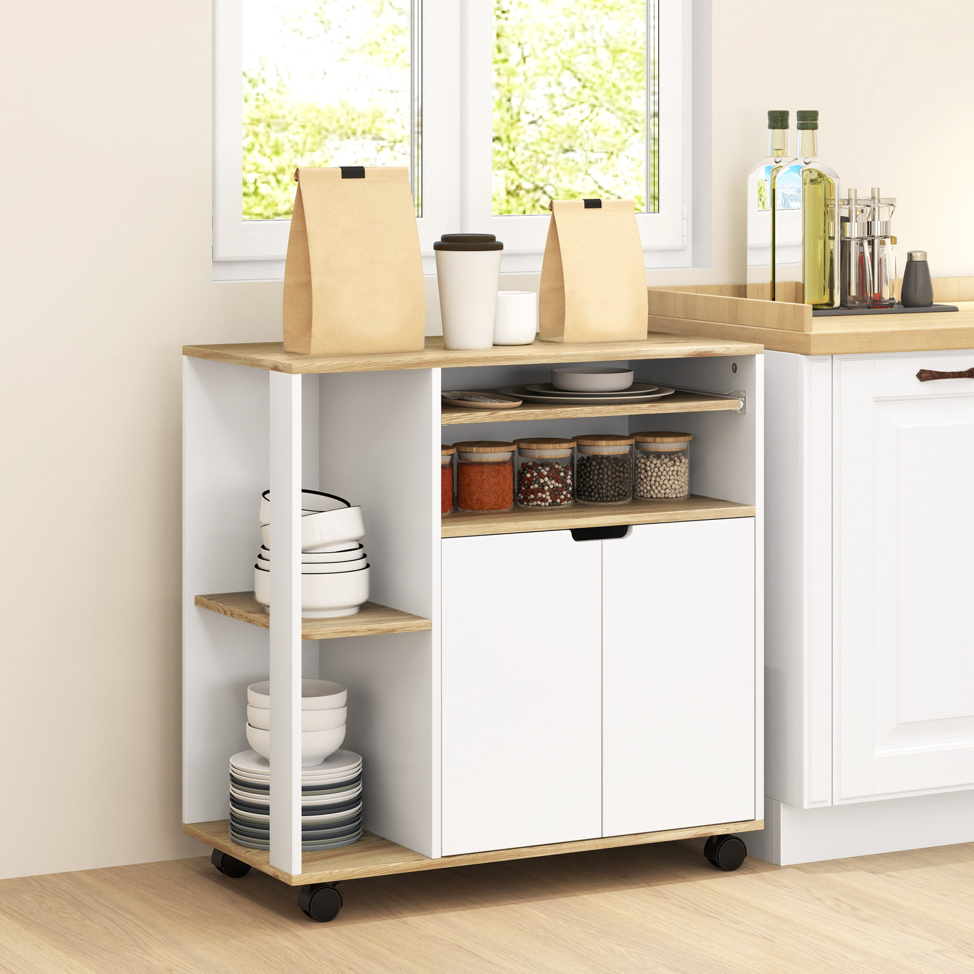 Rollender Küchenwagen mit Stauraum, Schrank, verstellbare Regale, für Küche, Wohnzimmer, Esszimmer, Weiß