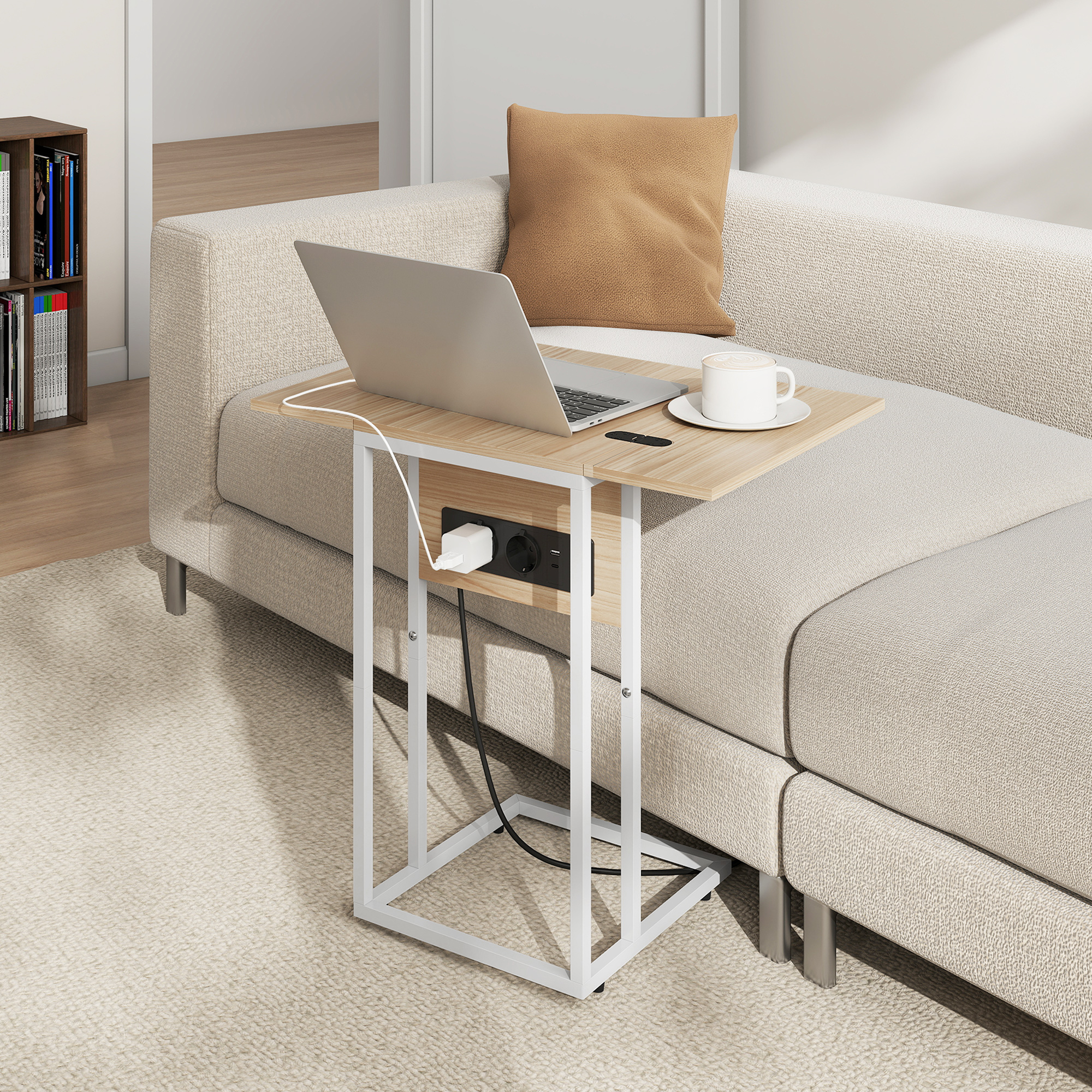 klappbarer Beistelltisch, Ladestation mit USB-Ports, Metall, 39 x 29 x 57 cm, Holzfarben