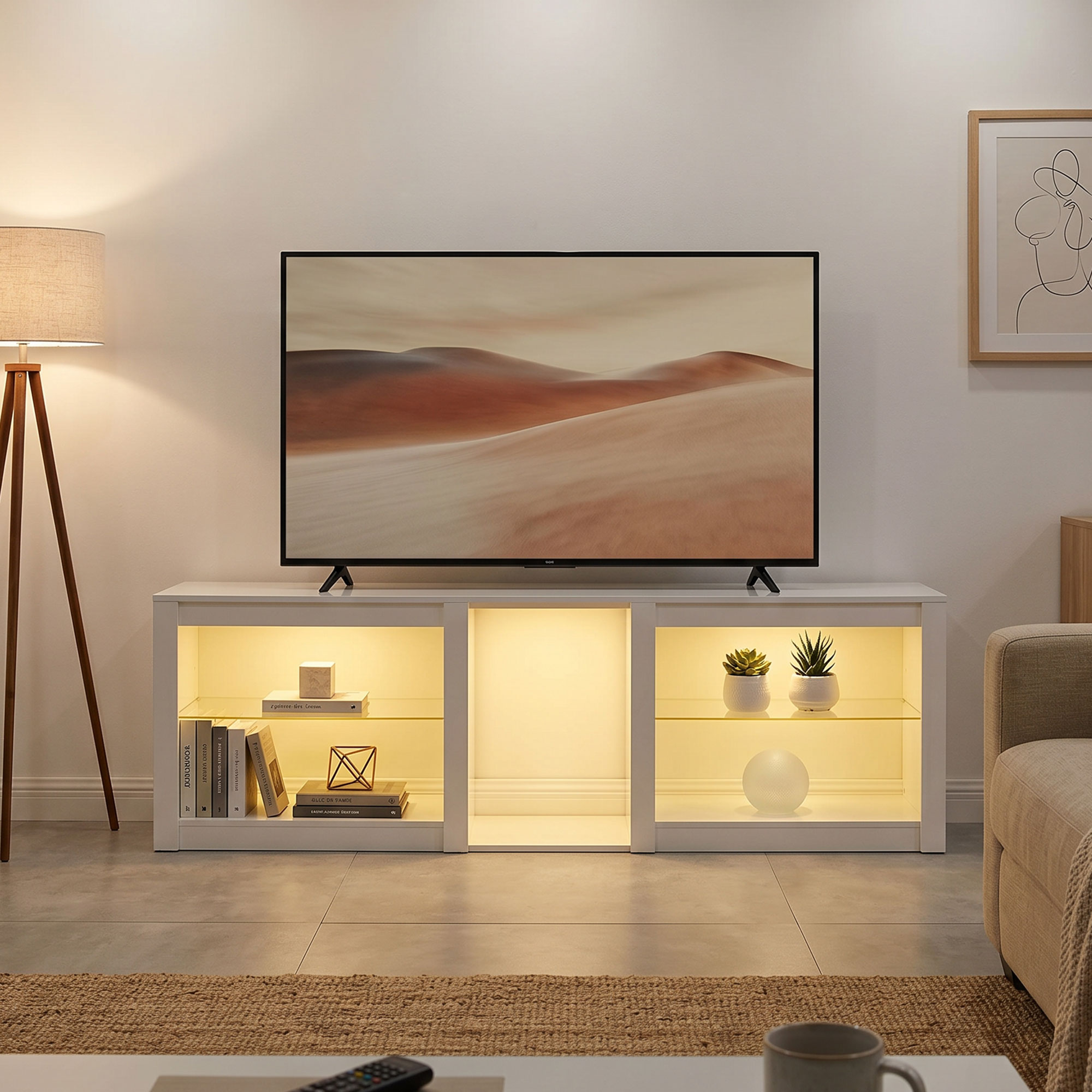 TV-Lowboard mit RGB-LED-Beleuchtung, Modernes TV-Möbel mit verstellbaren Glasböden, für Fernseher bis 75 Zoll, Weiß