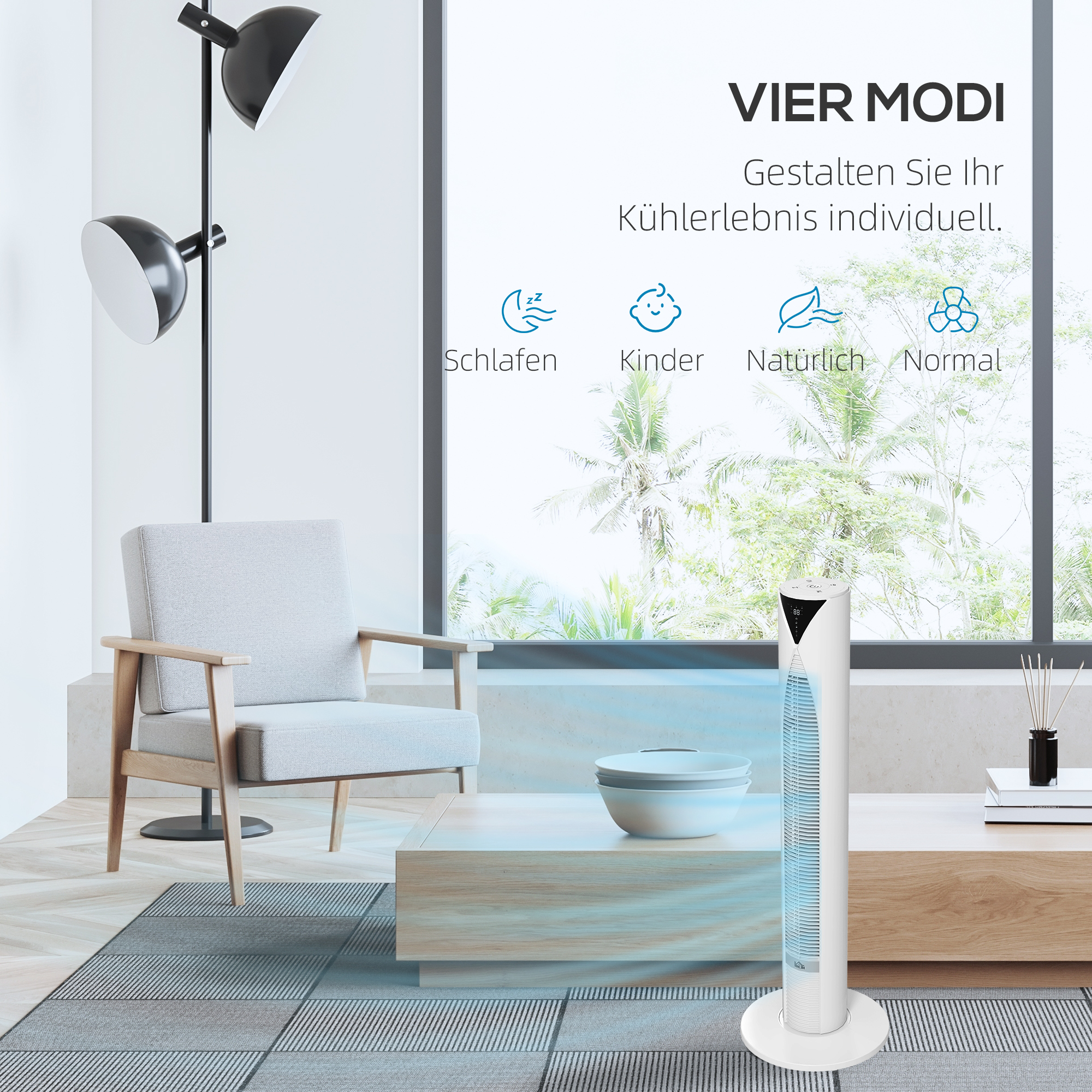 70° oszillierender Turmventilator mit Fernbedienung 4 Modi 3 Geschwindigkeiten Timer 31,5 x 31,5 x 96 cm Weiß