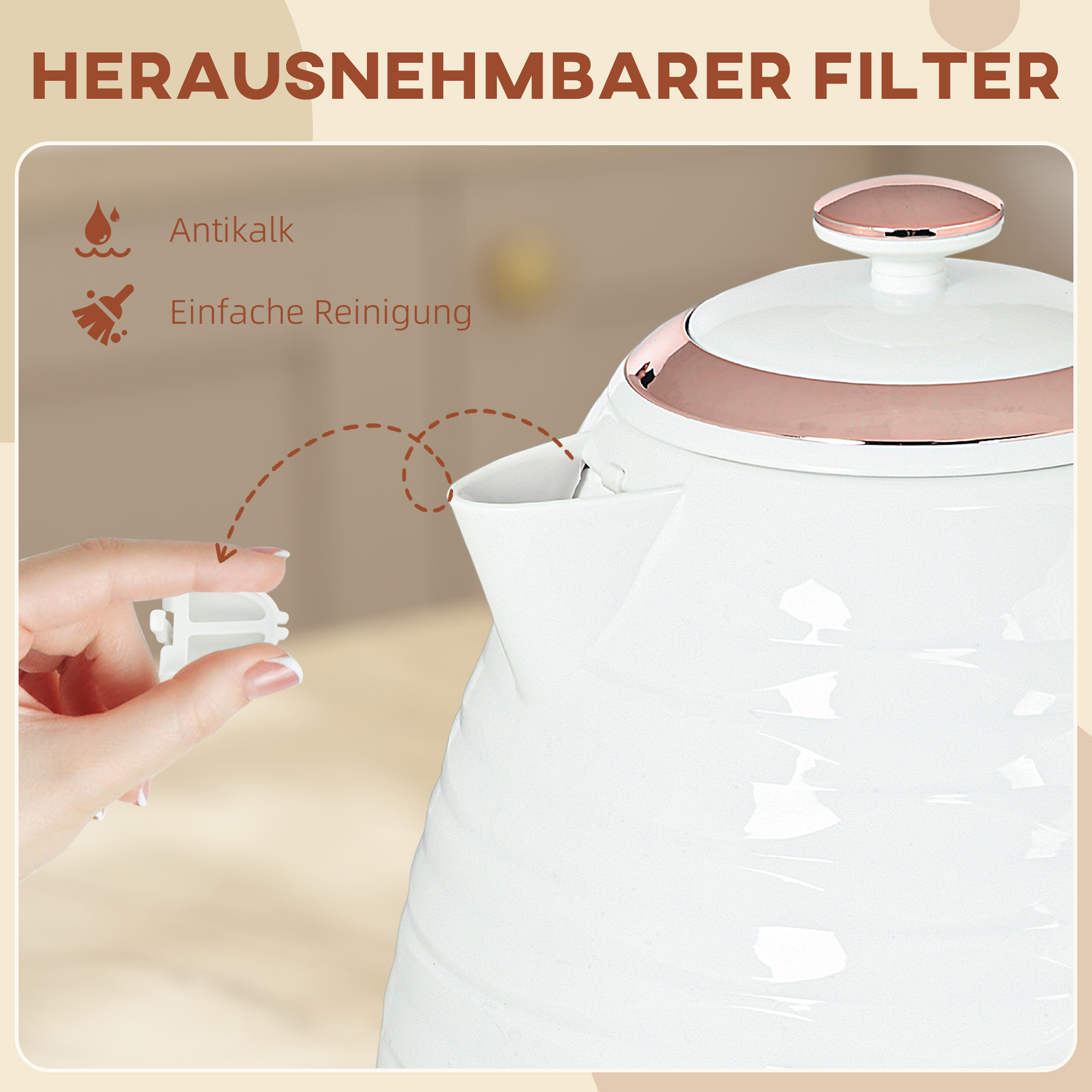 Wasserkocher, 1,7L, 2,2kW, Schnellkochfunktion mit Abnehmbarem Waschbarem Anti-Kalk-Filter