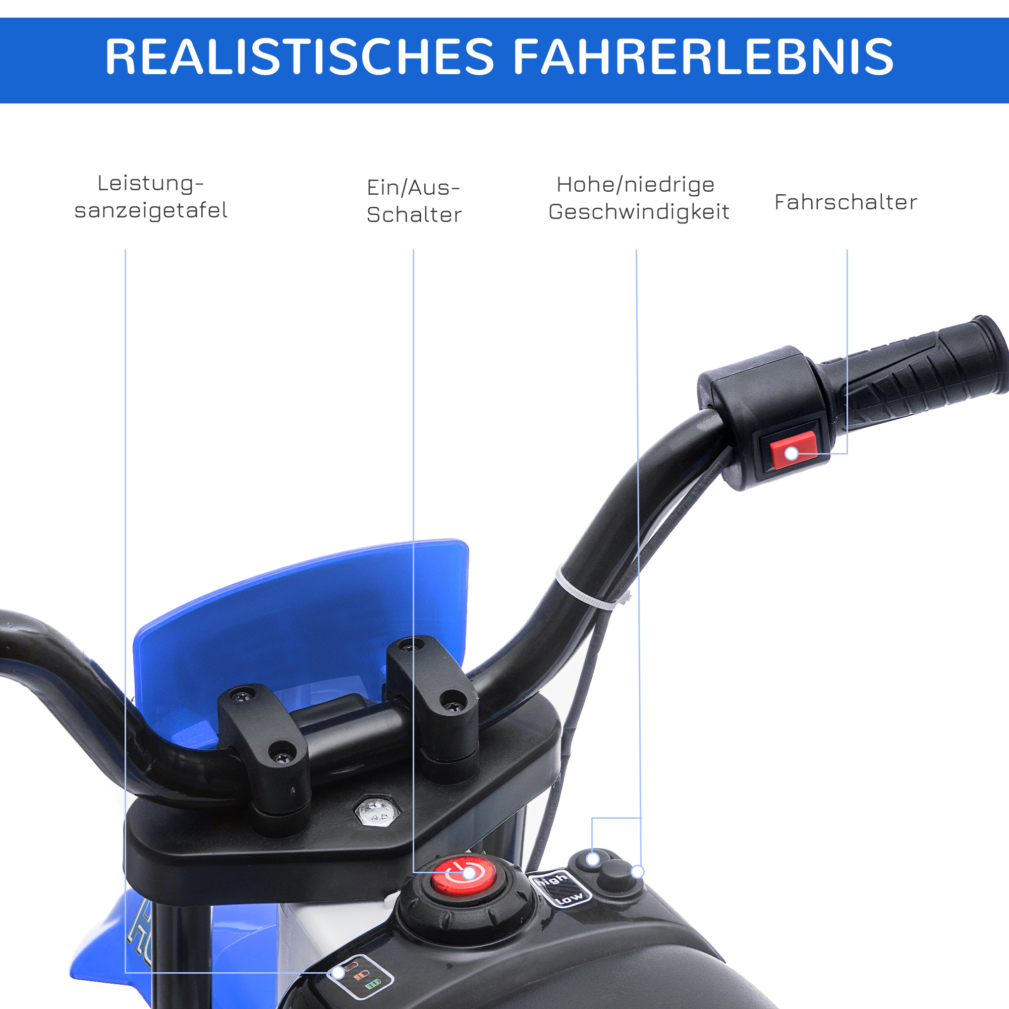 Kindermotorrad, Elektromotorrad, 45 Min Fahrzeit, mit Stützrädern, ab 3 Jahren, blau+weiß, 106,5 x 51,5 x 68cm