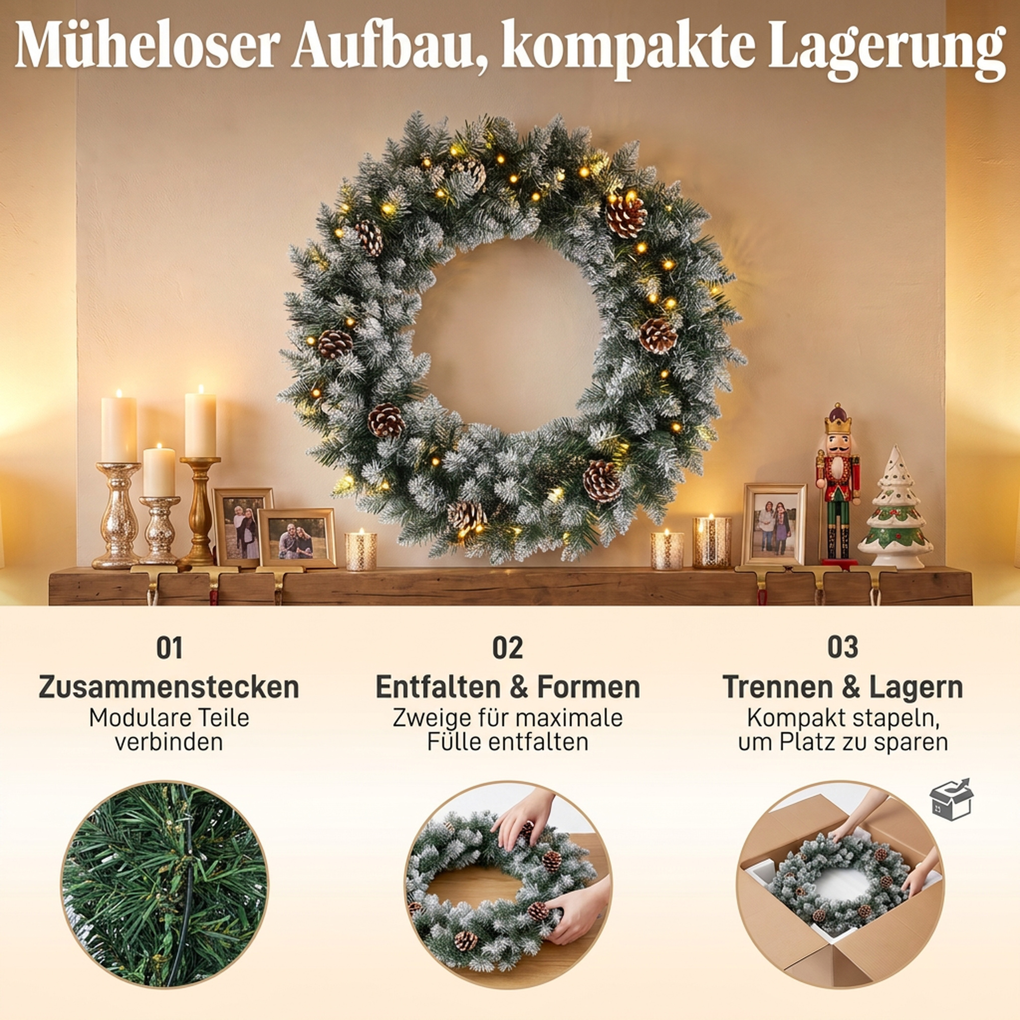 Weihnachtskranz 60 cm Beleuchtet Türkranz mit 50 LEDs Zapfen Kunstschnee für Weihnachten Advent Haustür