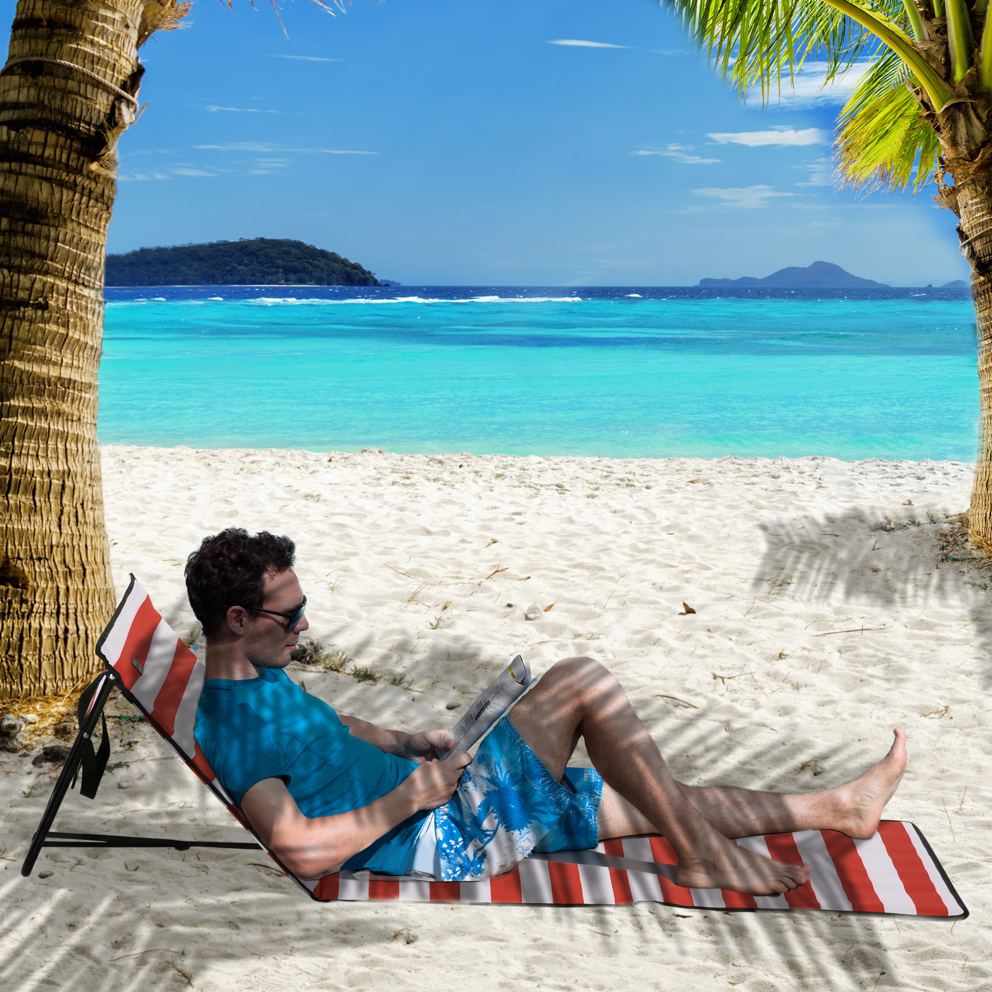 Strandliege, klappbar, verstellbare Rücklehne, Seitentasche, weiche Polsterung, Stahlrahmen, Rot, 142x51x40cm