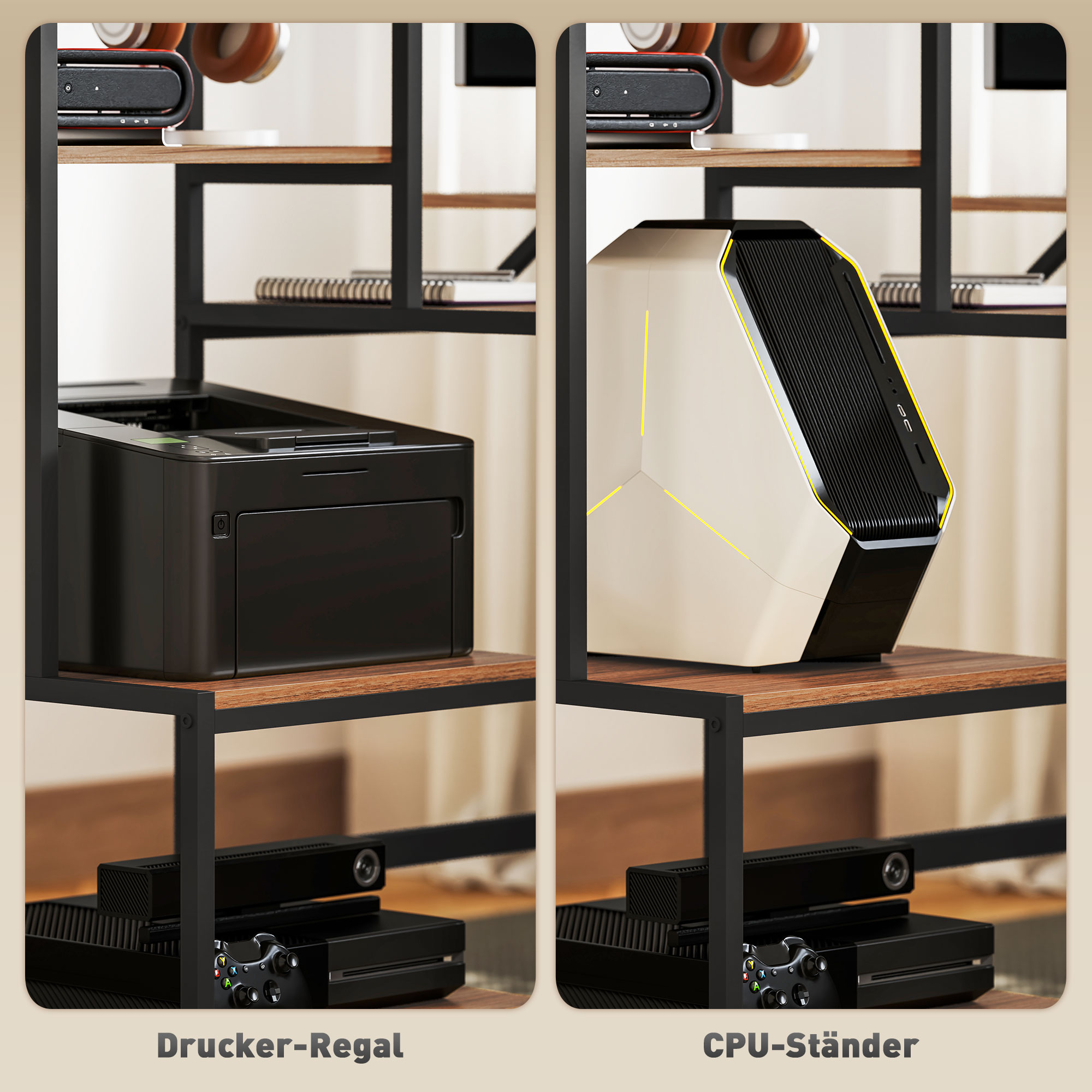 Computertisch mit Monitorständer, Schreibtisch mit 4-stufigem Regal, Industrielles Design, Braun