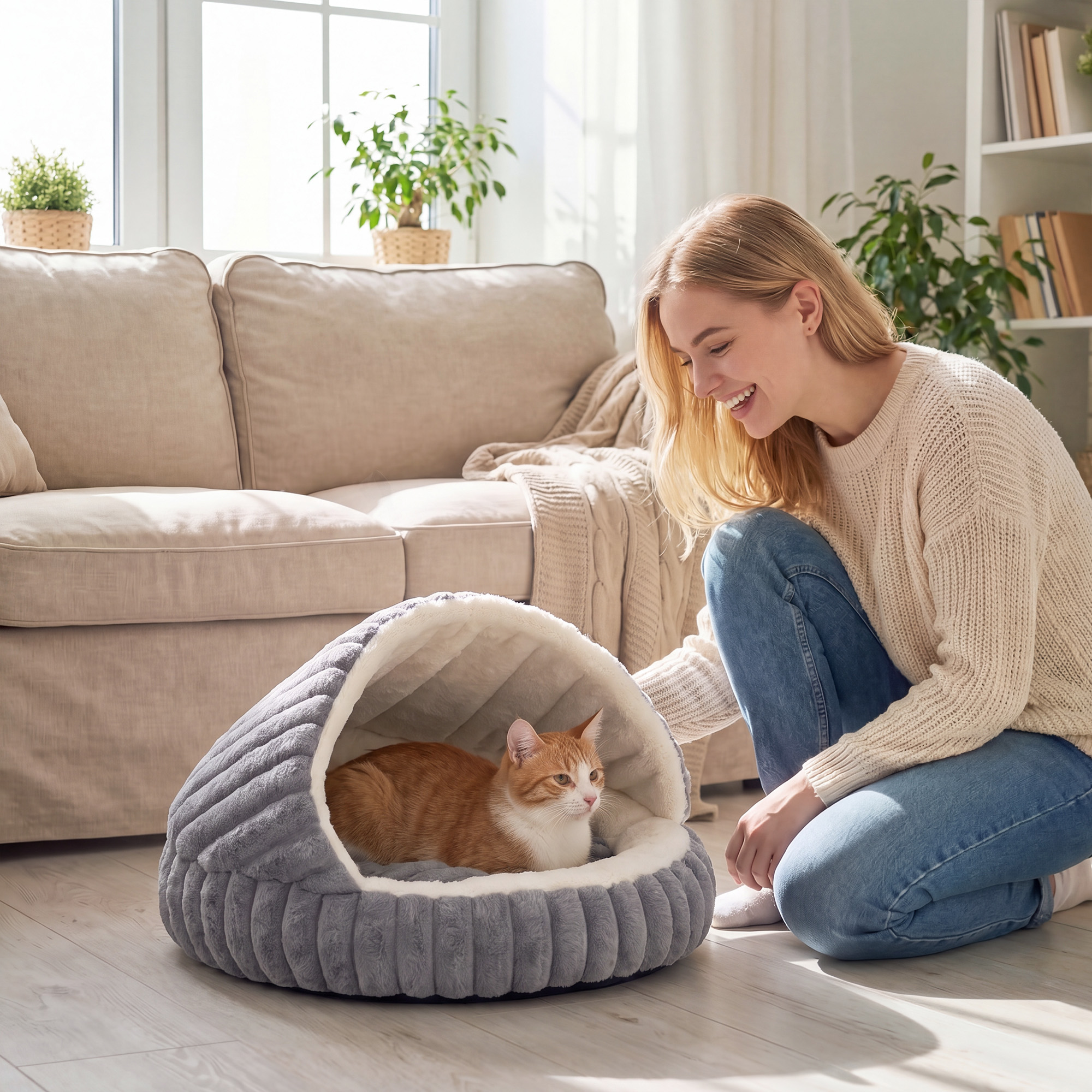 Katzenbett Plüsch Katzenhöhle mit abnehmbarem Kissen, Rutschfester Boden, Waschbar Katzenkorb, für Katzen bis 5 kg, Grau