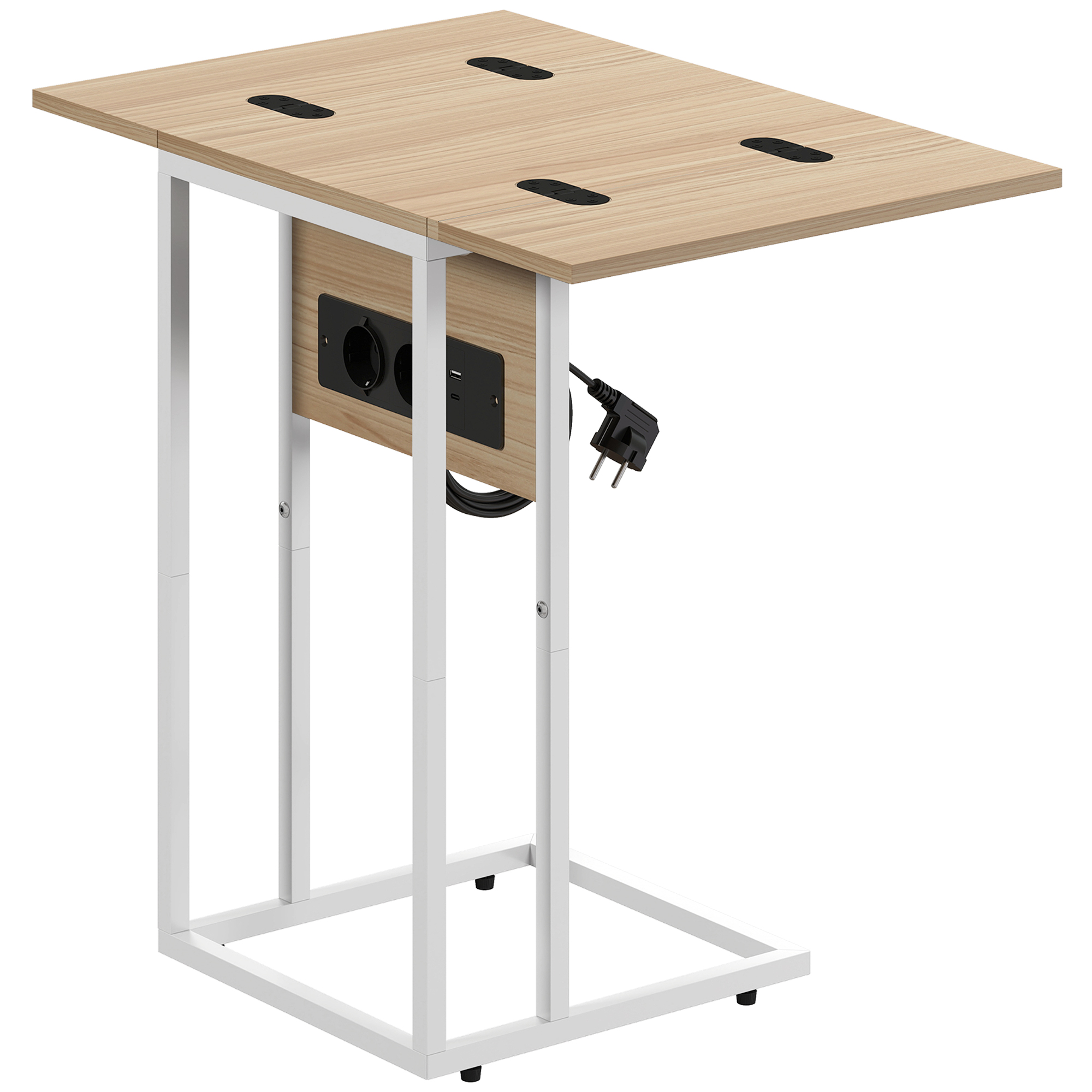 klappbarer Beistelltisch, Ladestation mit USB-Ports, Metall, 39 x 29 x 57 cm, Holzfarben