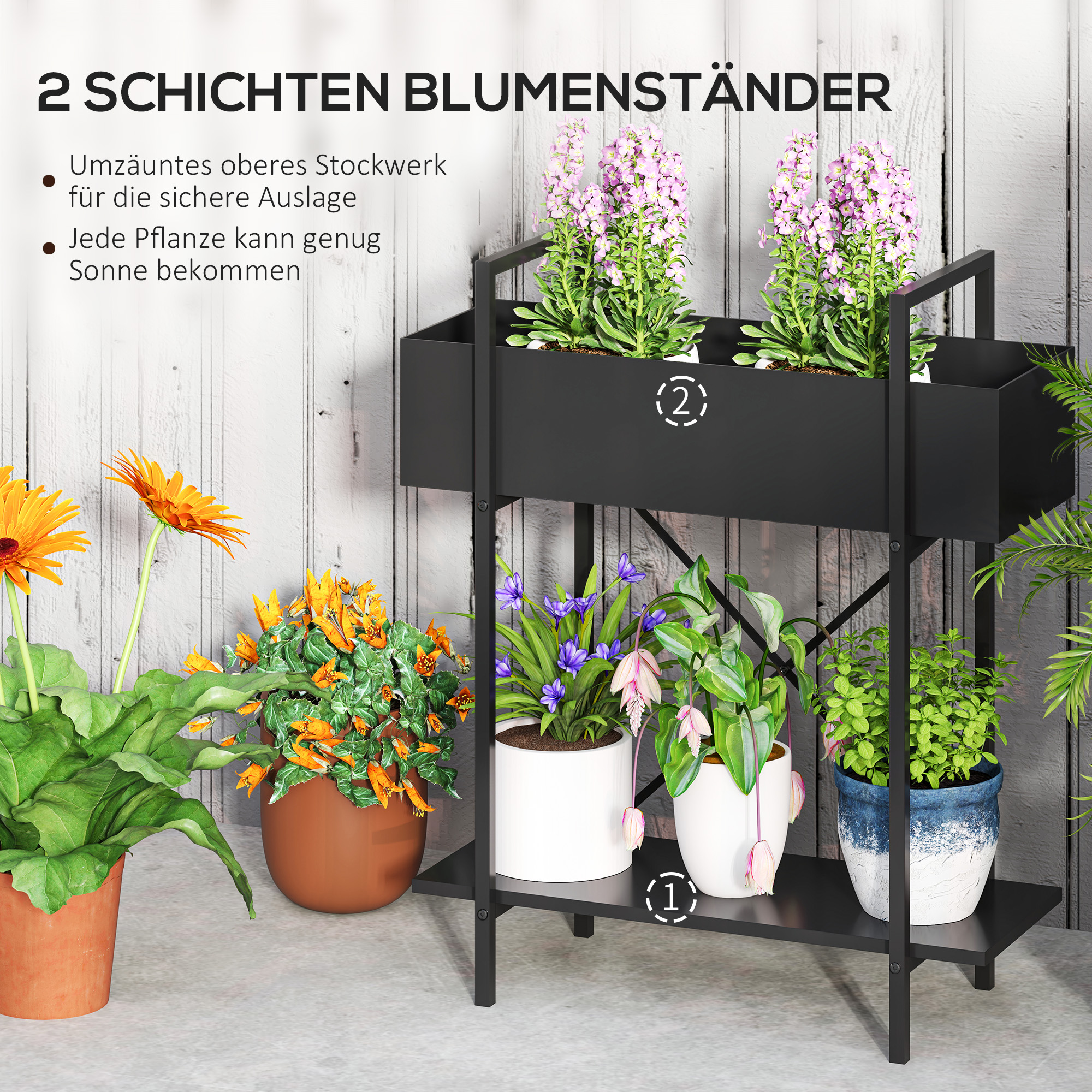 Pflanzenständer, Blumentopfständer mit 2 Ebenen, Ablauflöcher, für drinnen und draußen, Metall, Schwarz