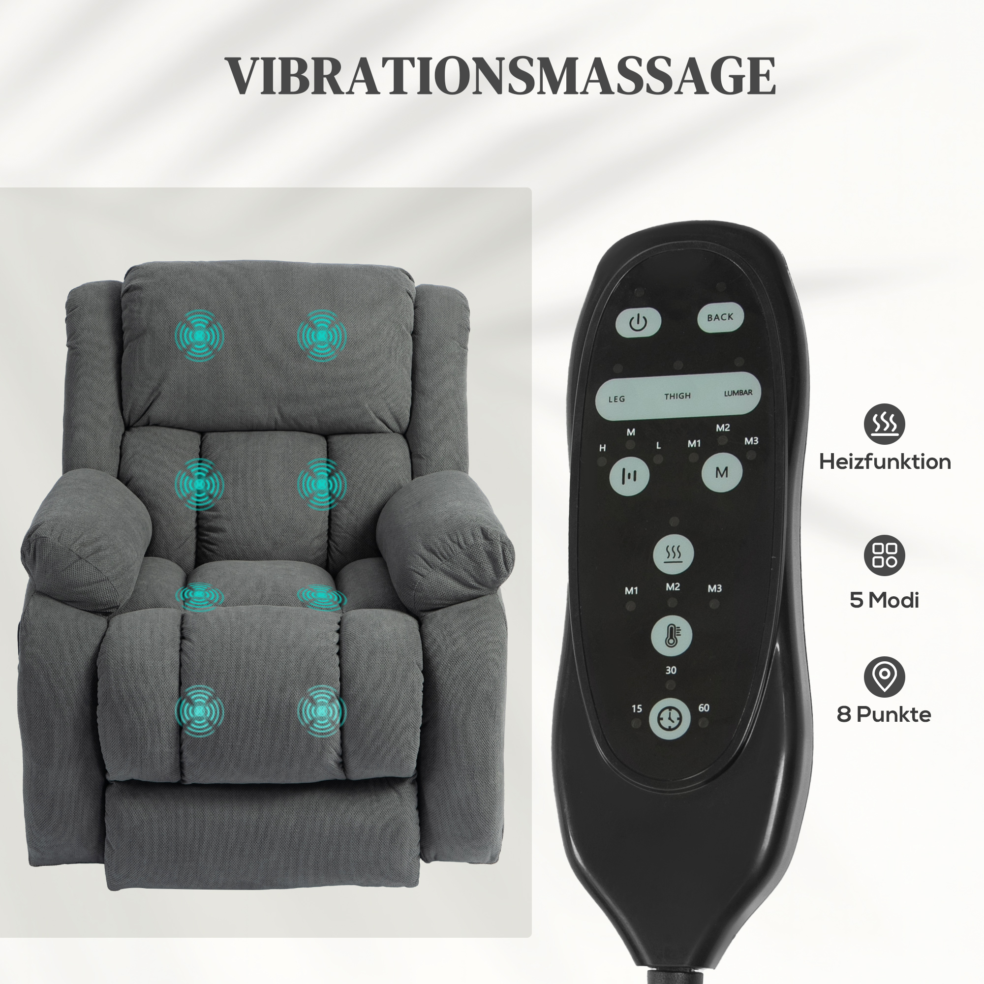 Fernsehsessel mit Massage- und Wärmefunktion, Elektrischer Aufsteh-Sessel, Fernbedienung, Seitentaschen, Grau