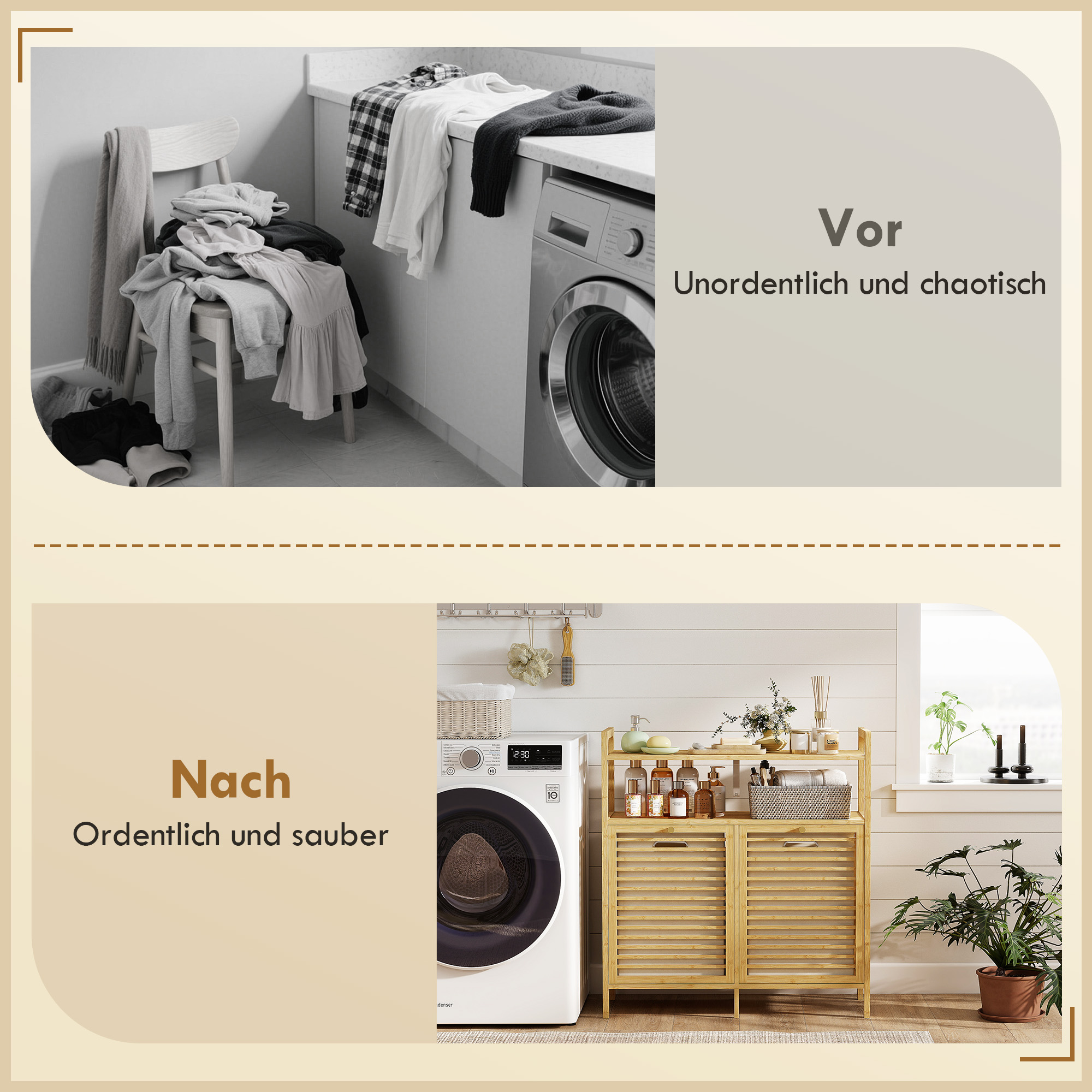Wäscheregal mit 2 Wäschekörben, freistehendes Bambusregal für Badezimmer, Waschküche, Naturholz+Cremeweiß