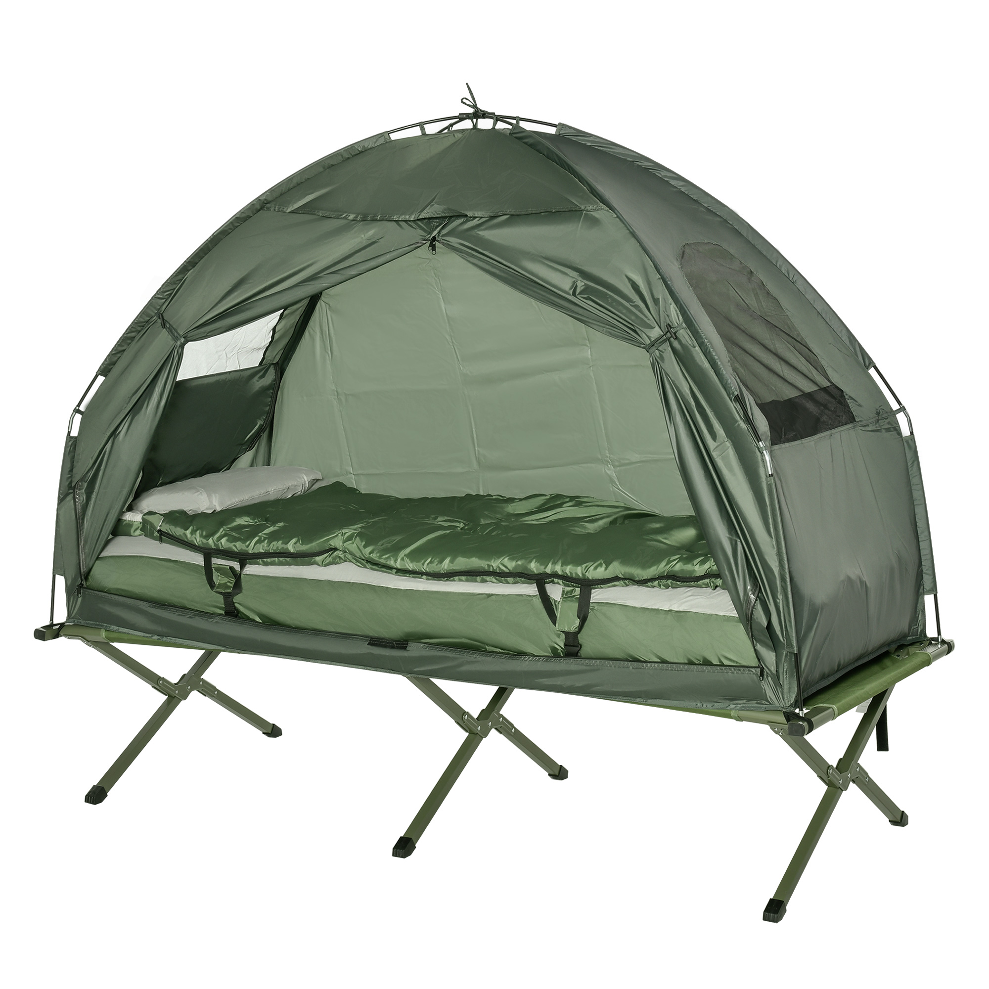 Campingzelt-Set mit Feldbett, Schlafsack und Matratze Dunkelgrün