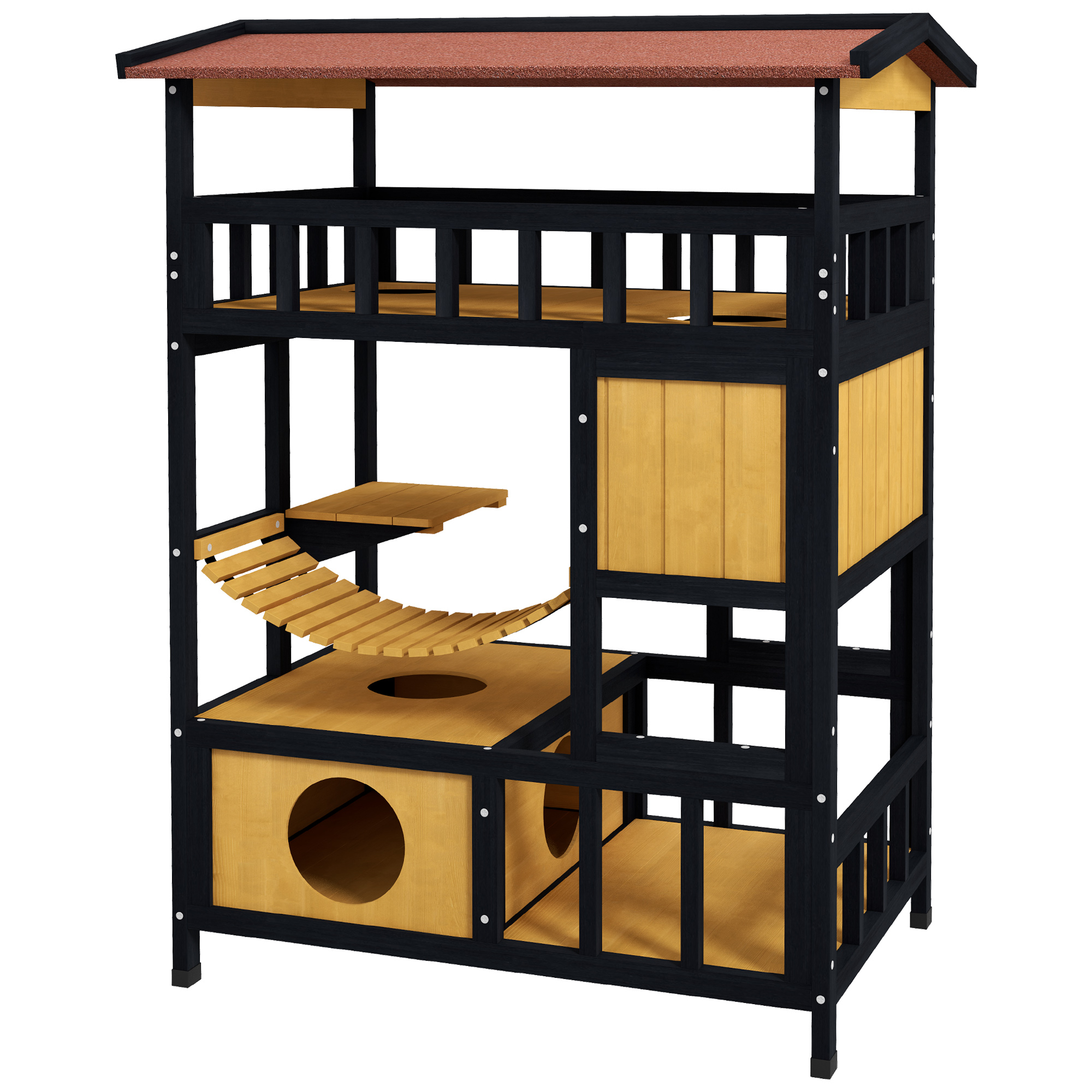 Katzenhaus, Katzenparadies mit Plattformen, Hängebrücke und Katzenhöhlen, für bis zu 2 Katzen geeignet, Holz