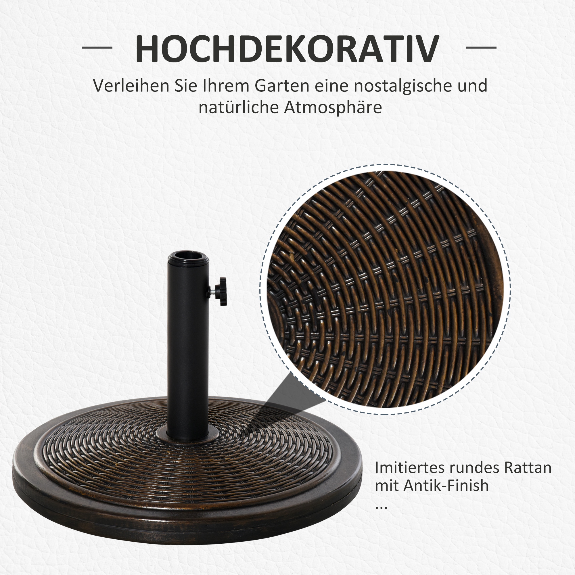 Sonnenschirmständer aus Zement 14kg Rund Schirmständer mit Rattanoptik für Sonnenschirm 35mm/38mm/48mm Rohrdurchmesser