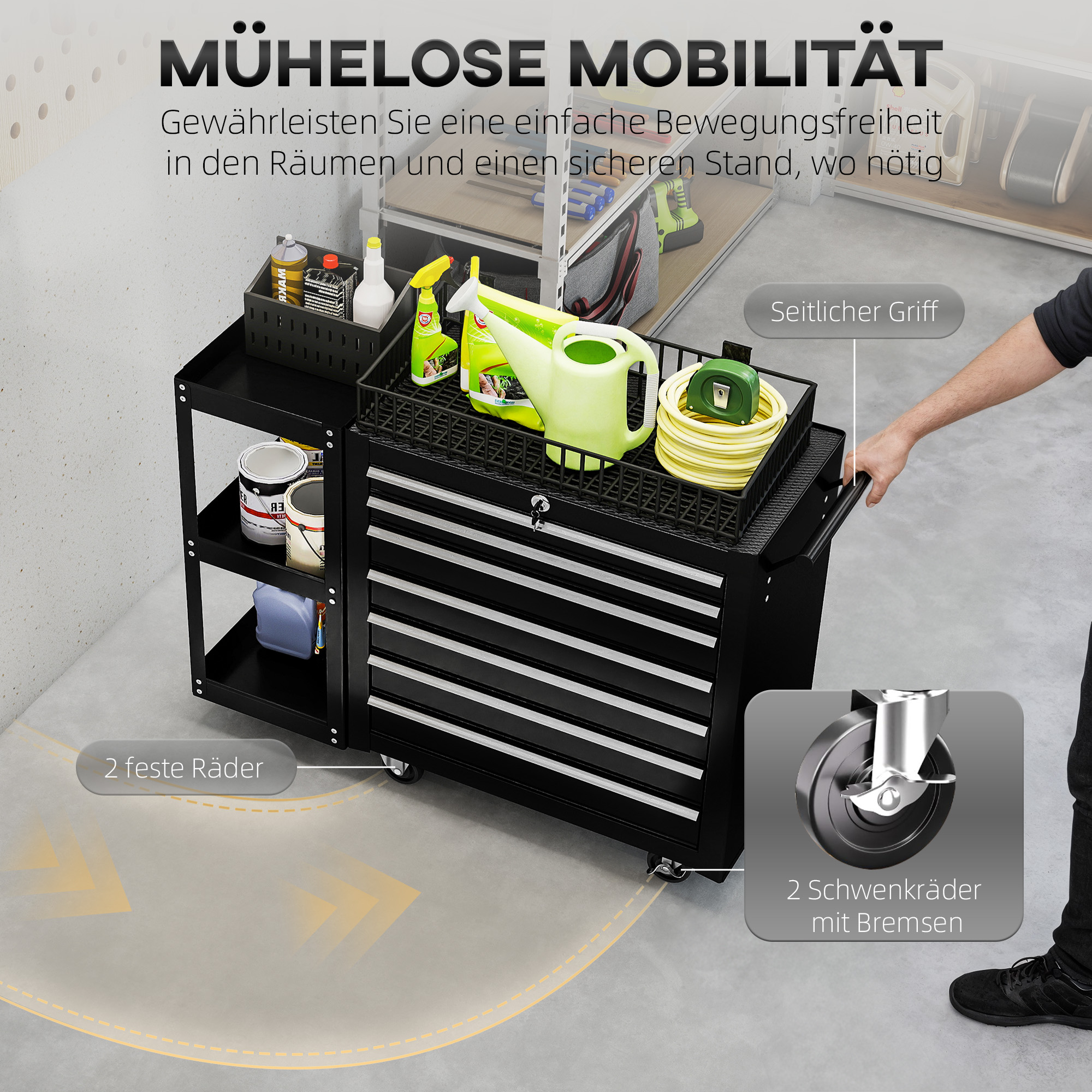 Werkstattwagen Werkzeugwagen mit 7 Schubladen abnehmbar Seitenregal 4 Rollen mit Feststellbremse, 96x33,5x75cm, Schwarz