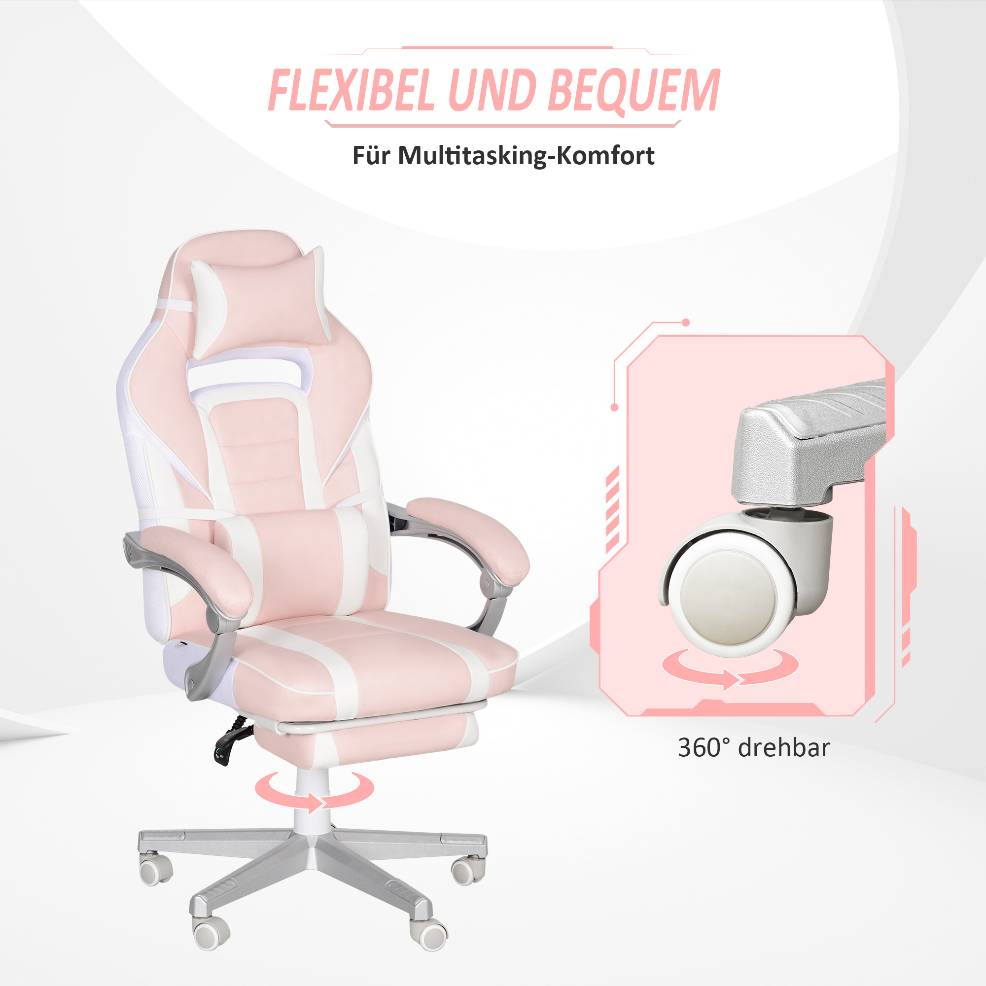 Gamingstuhl mit Fußstütze, Kopf- & Lendenkissen, drehbar, höhenverstellbar, Rosa