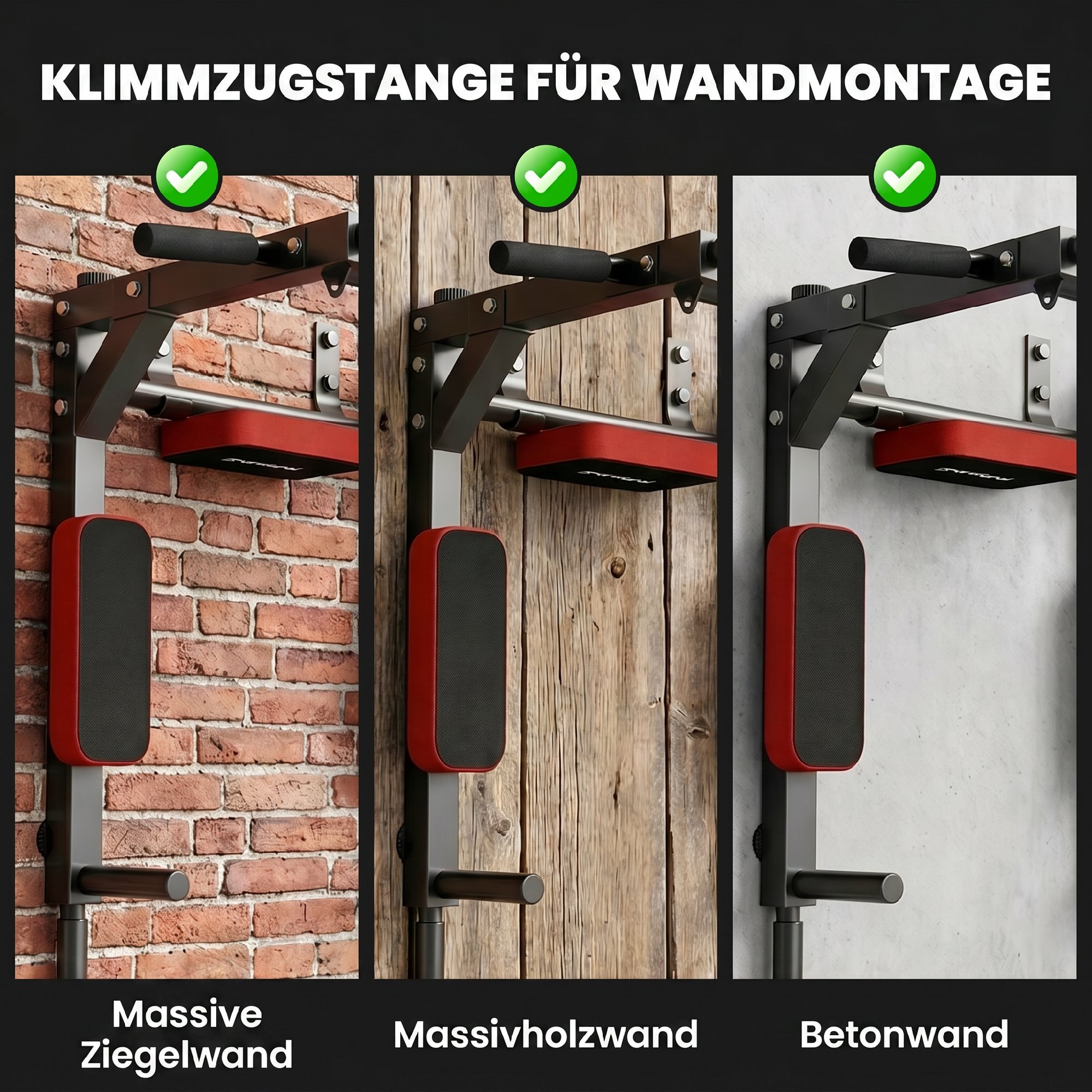 Wand-Klimmzugstange, 2-in-1 Profi-Klimmzug- und Dipstation für das Heimtraining, bis 200 kg, Rot